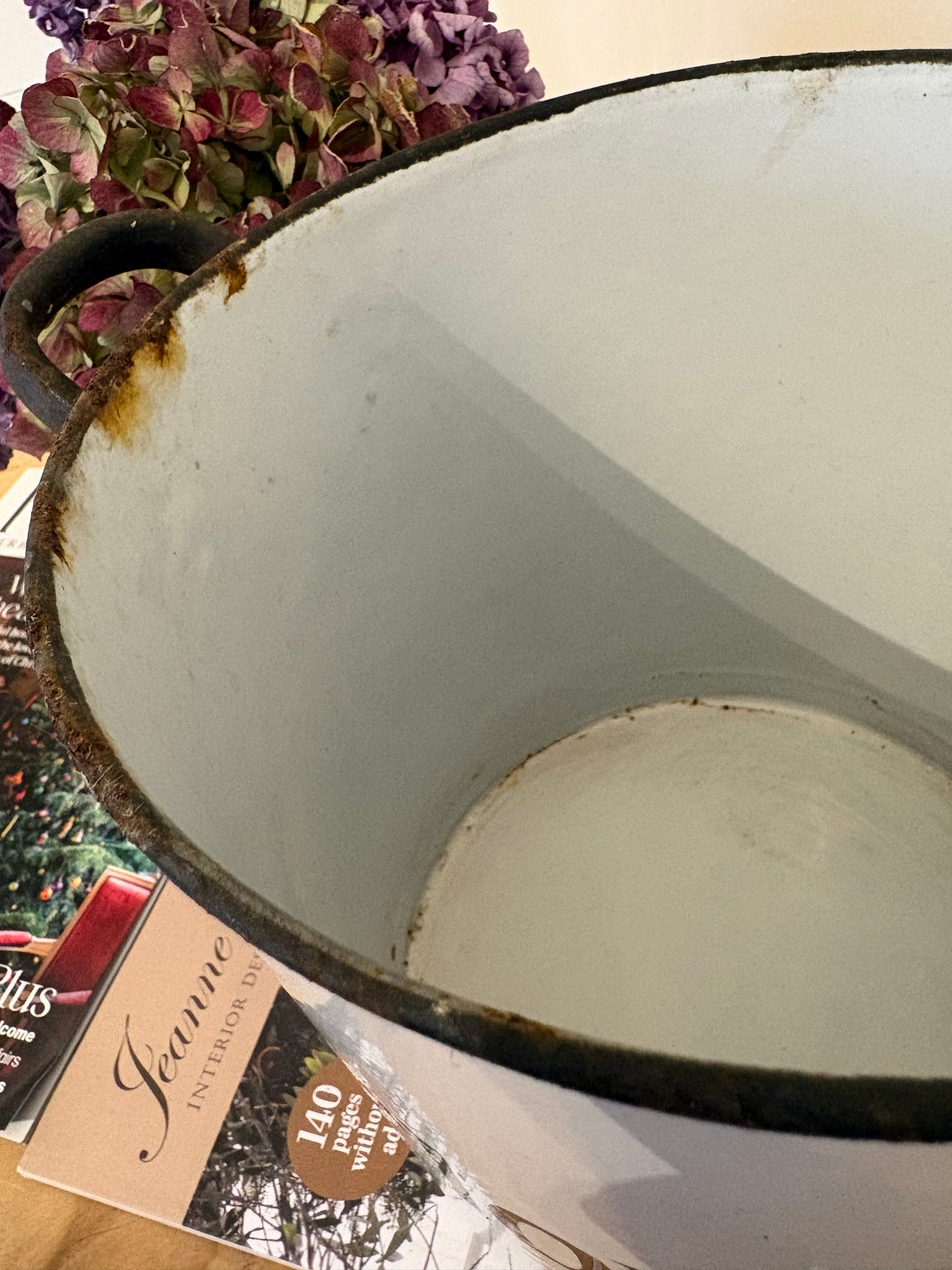 Old White Enamel Vintage Flour tin bin canister kitchen storage decor