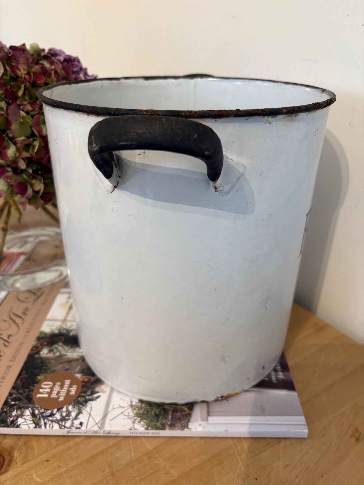 Old White Enamel Vintage Flour tin bin canister kitchen storage decor