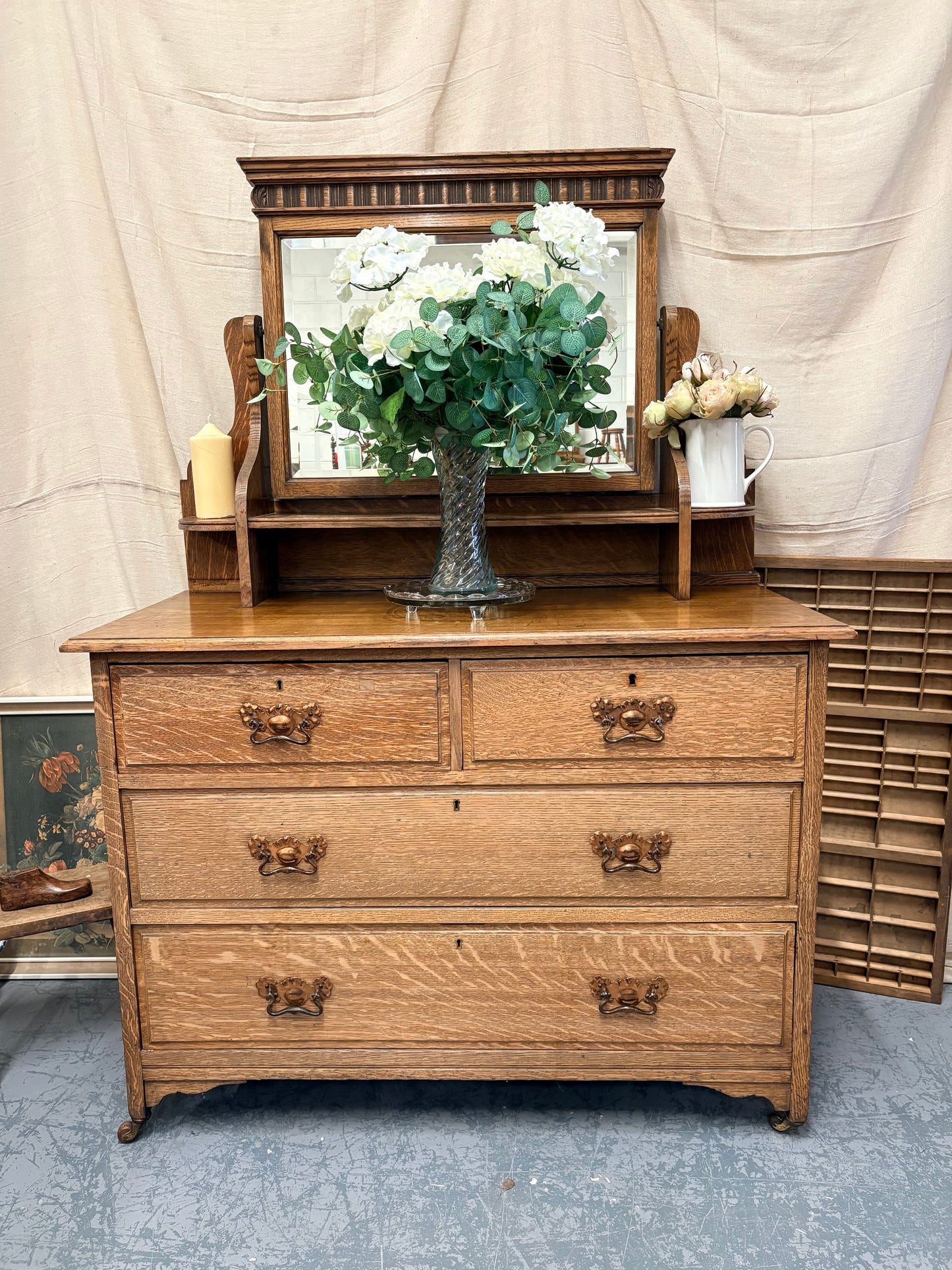 Antique Edwardian Oak Dressing Chest of Drawers with Mirror