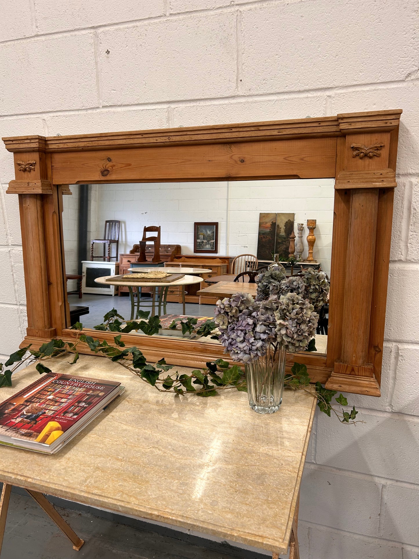 Large Vintage Pine overmantle mirror with Acorn carvings and architectural look to frame design