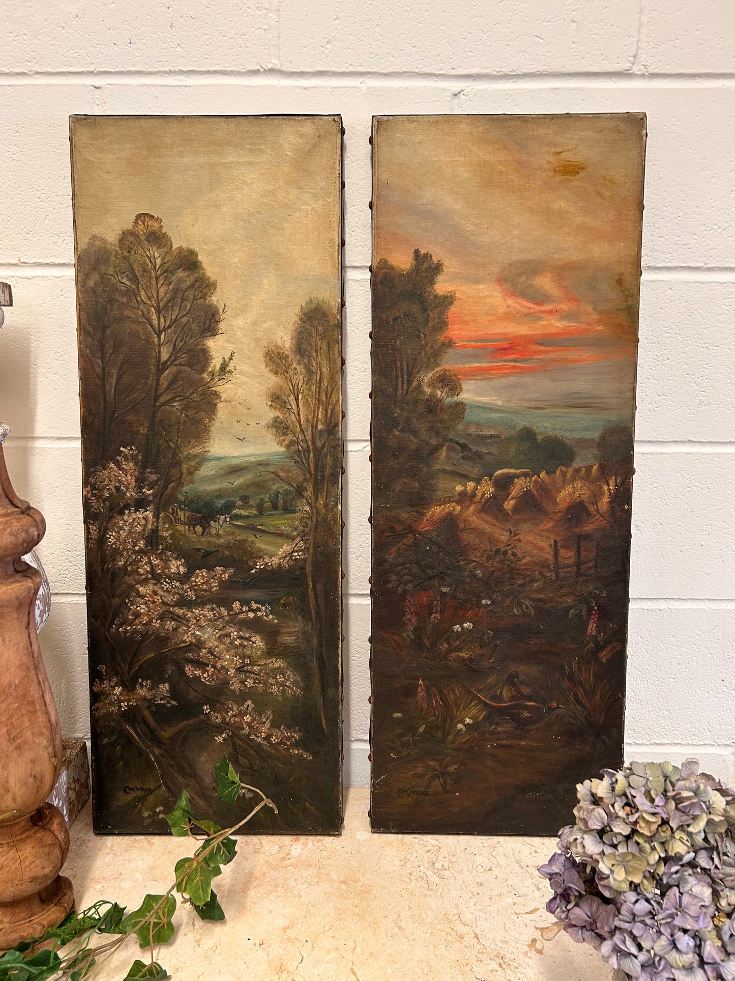 Pair of Victorian Oil on canvas paintings woodland farmland scenes by CM Wood