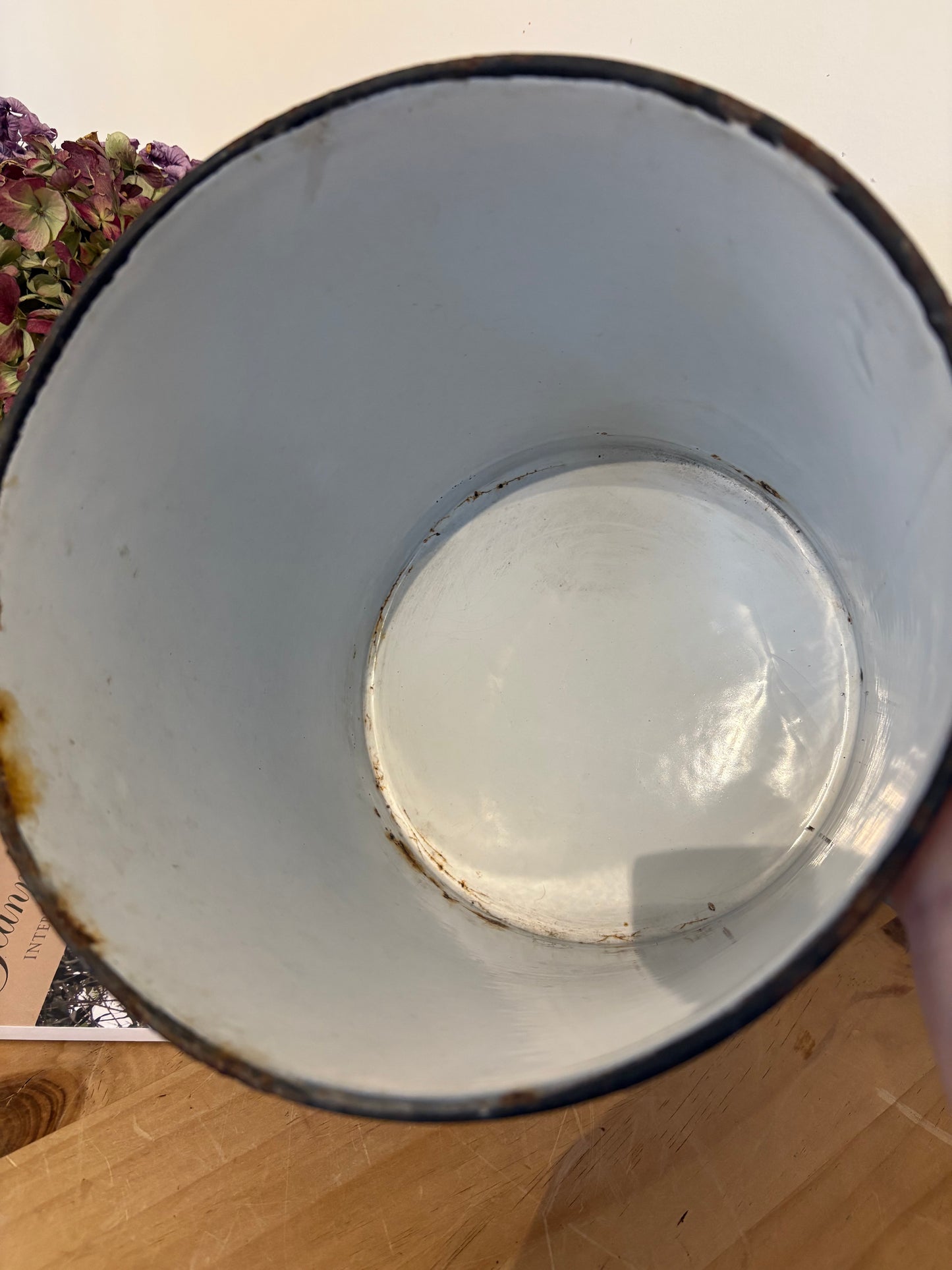 Old White Enamel Vintage Flour tin bin canister kitchen storage decor