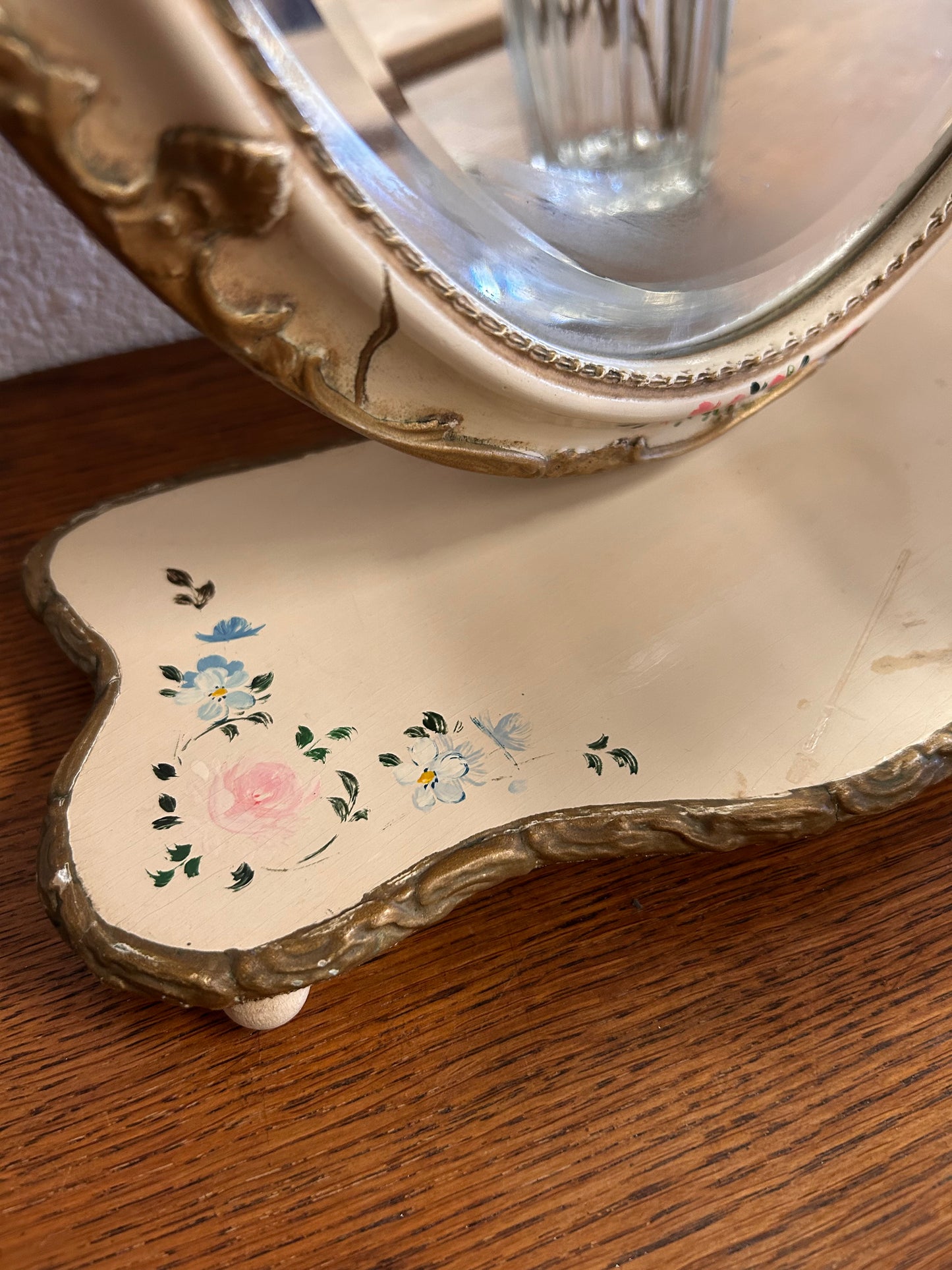 Beautiful Vintage 1960’s French Provincial Vanity Tilting Mirror HandPainted Floral Design