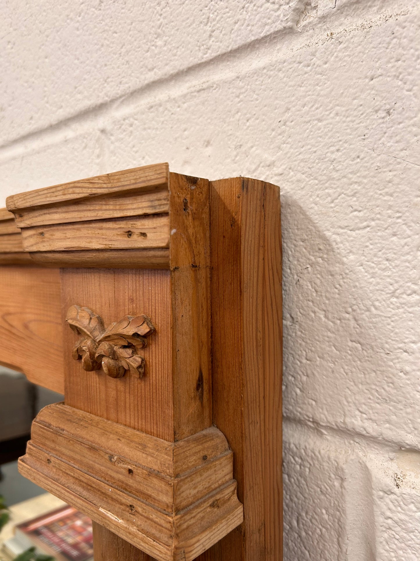 Large Vintage Pine overmantle mirror with Acorn carvings and architectural look to frame design