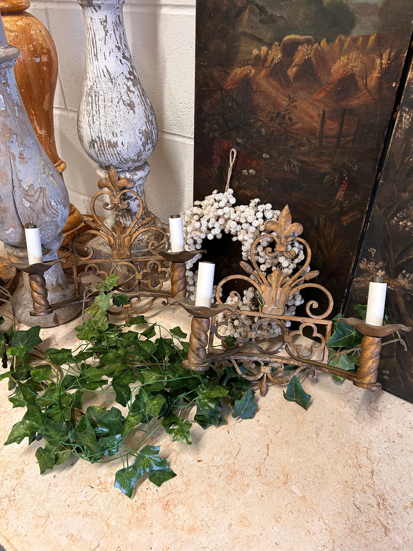 Reclaimed Antique Gilt Metal Wall Sconce lights Decorative design candle holders