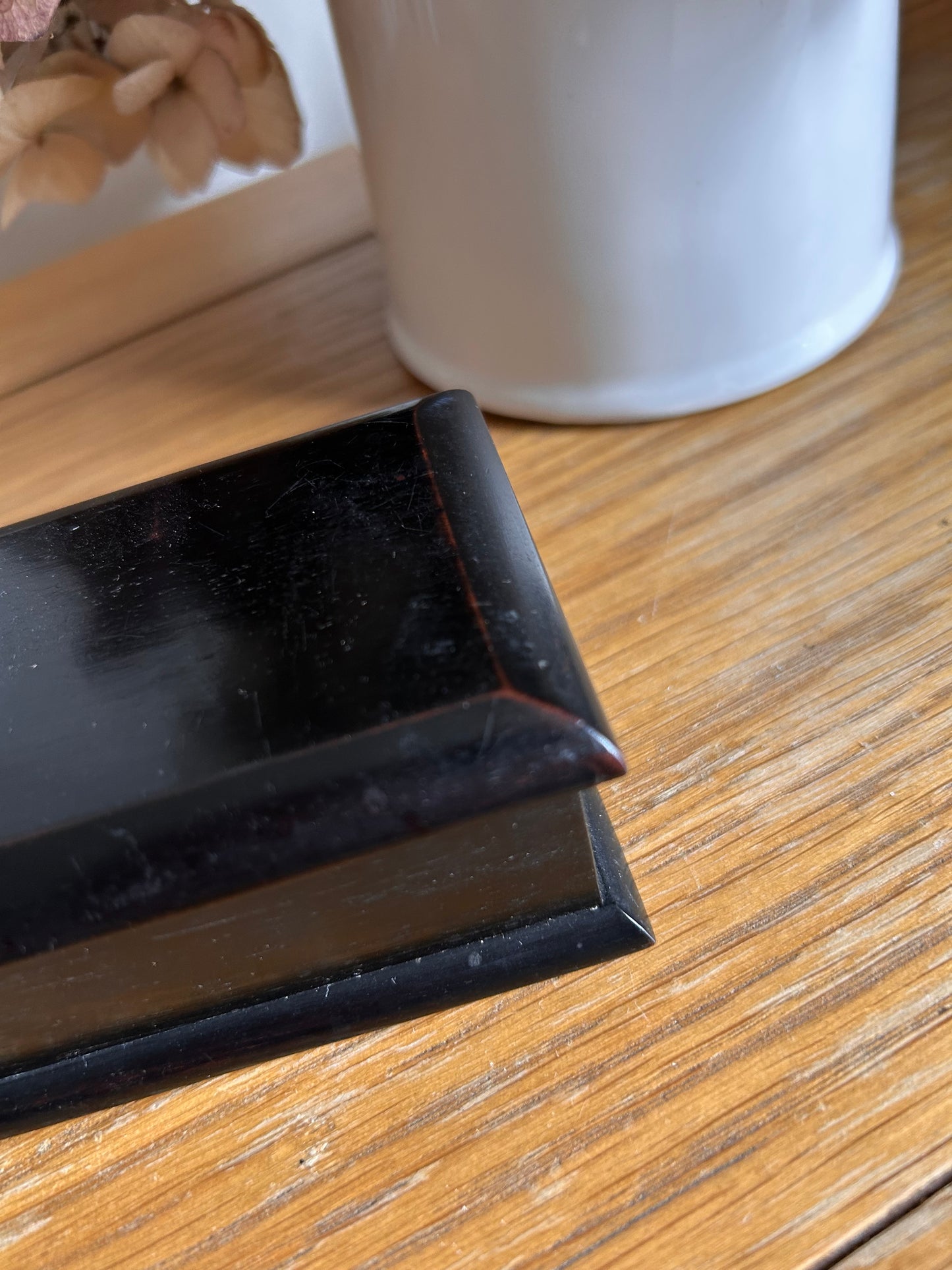 Small vintage black ebonised keepsake box silk lined yellow