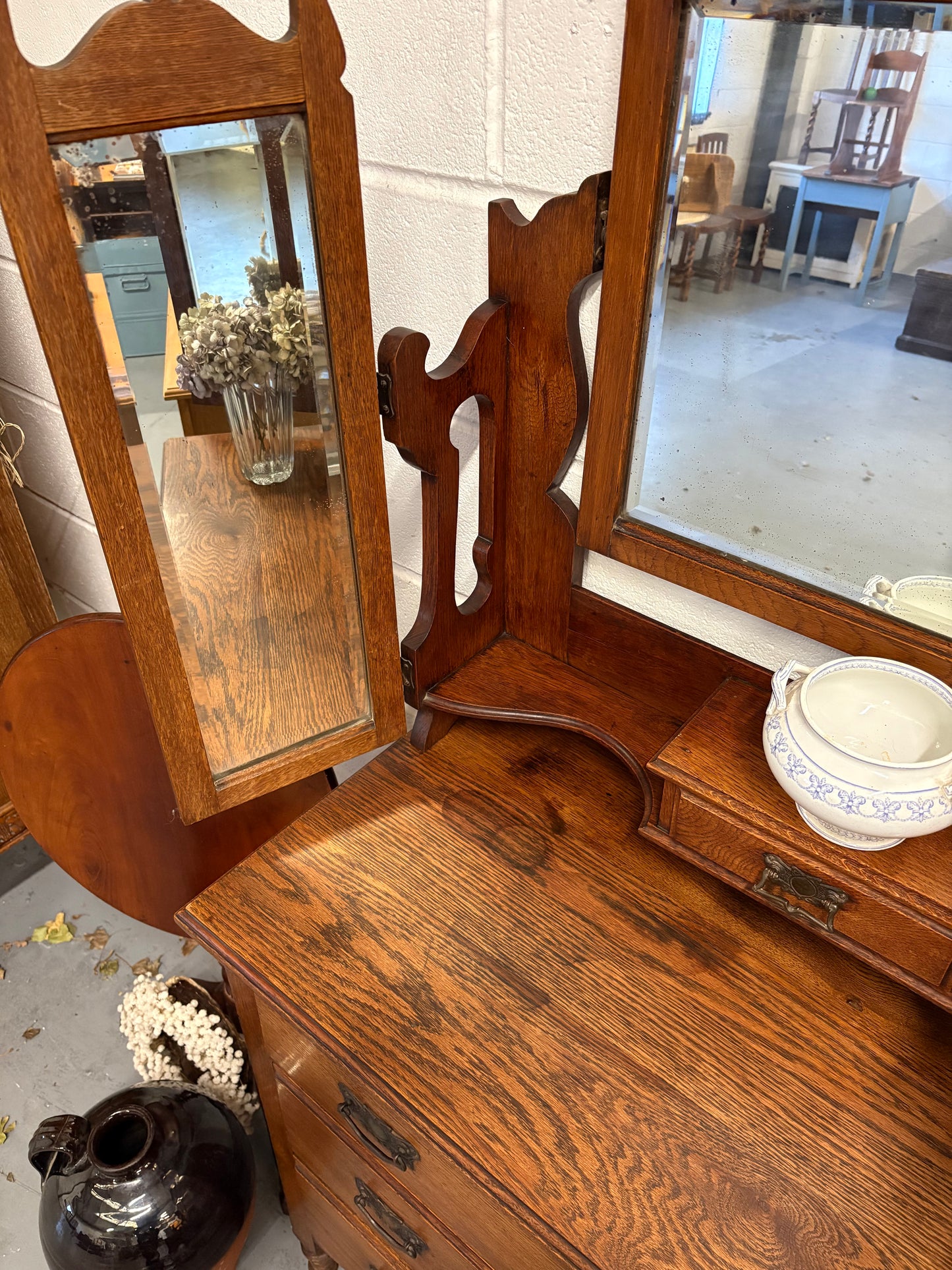Edwardian Oak Antique Dressing Chest of Drawers with Mirrors