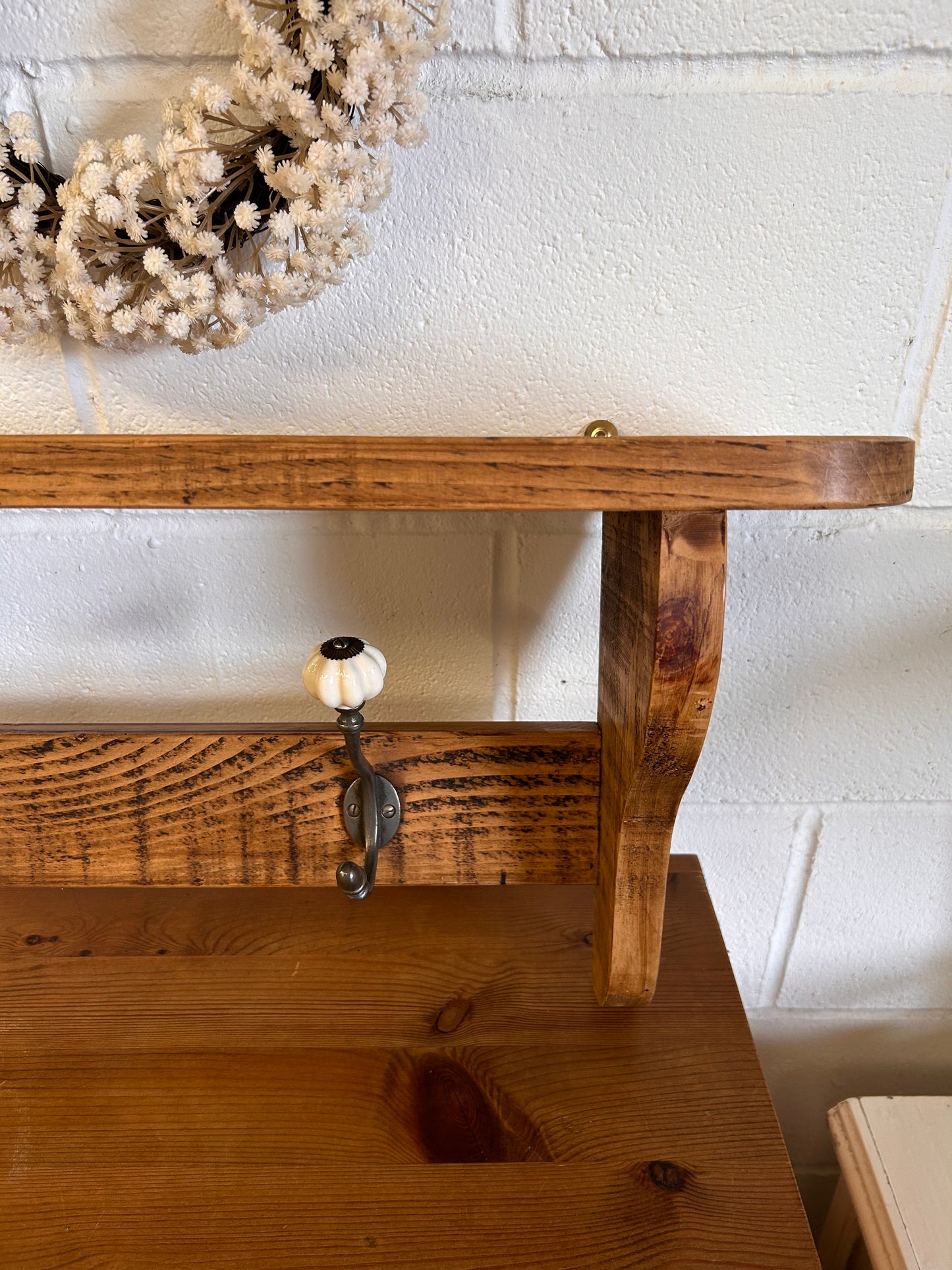 Rustic Vintage wooden wall hanging coat hooks with shelf