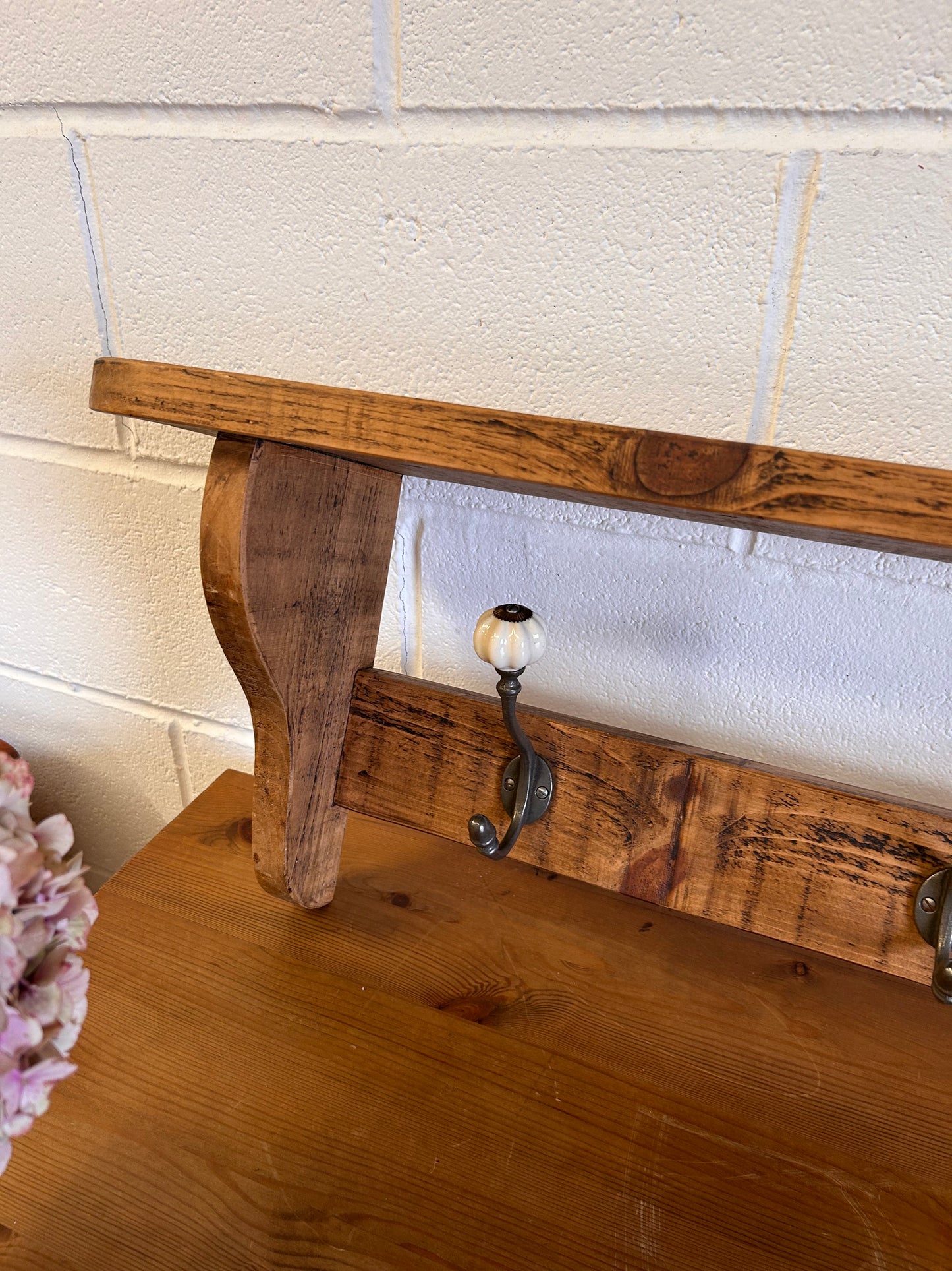 Rustic Vintage wooden wall hanging coat hooks with shelf