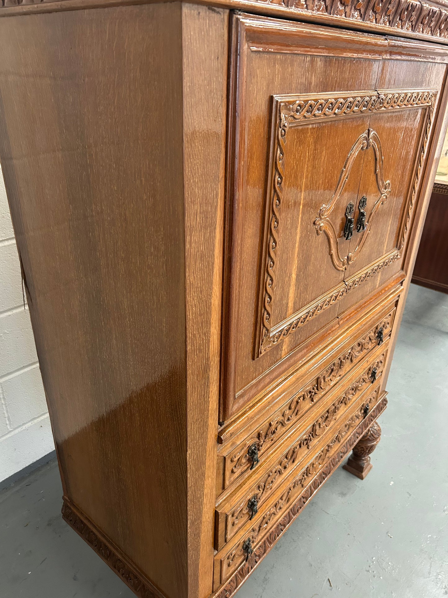 Big Vintage French Drinks cabinet with 3 drawers and mercury mirror lined cupboard
