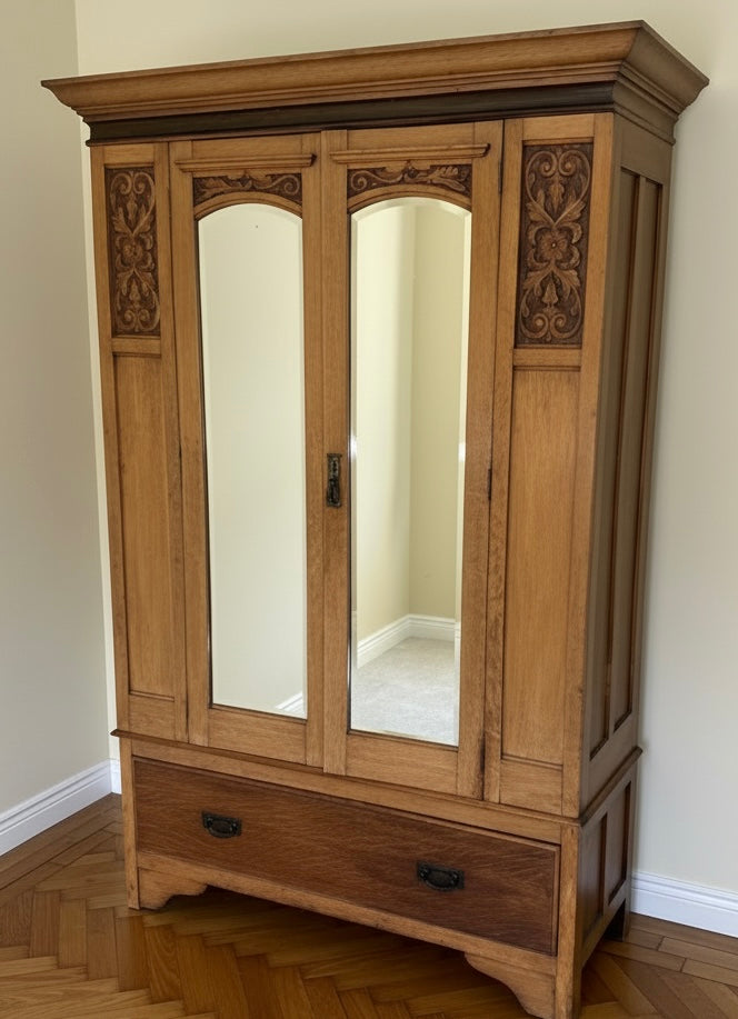 Beautiful Antique Satinwood Edwardian double wardrobe with a lower drawer.