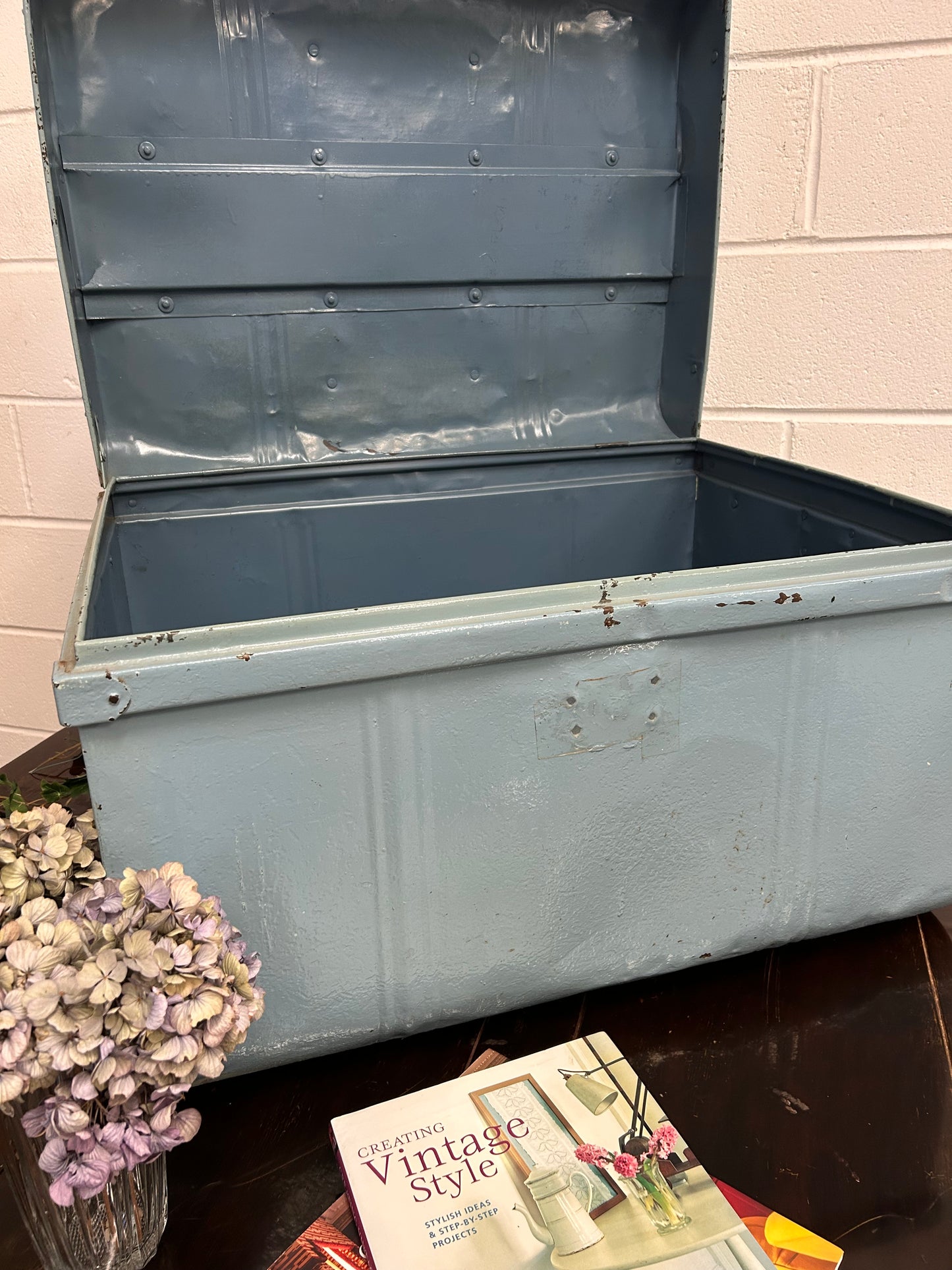 Large metal blue painted travelling trunk great coffee table or storage 