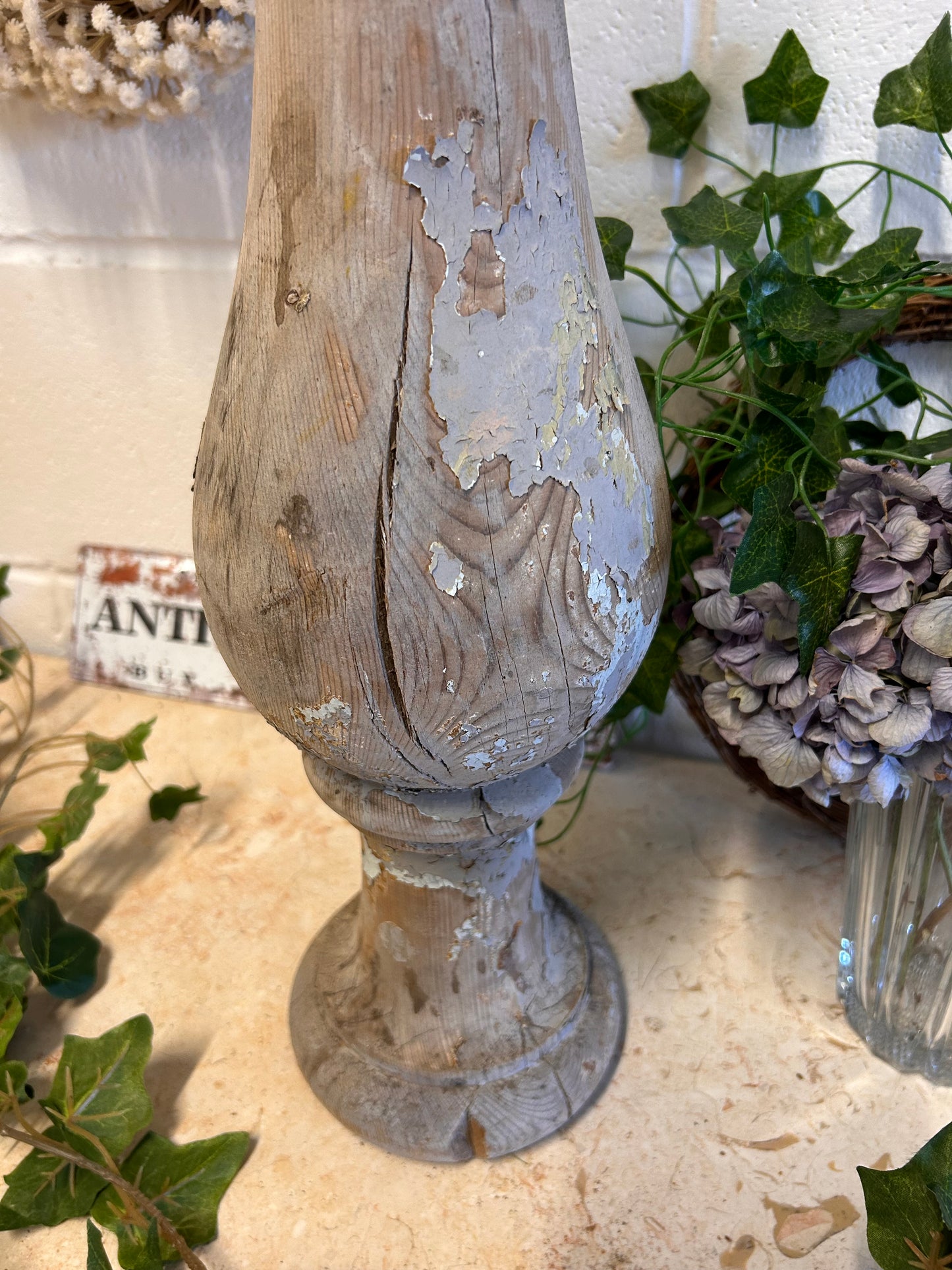 Grey Shabby French 19thC Salvaged balistrail original paint repurposed candle stand