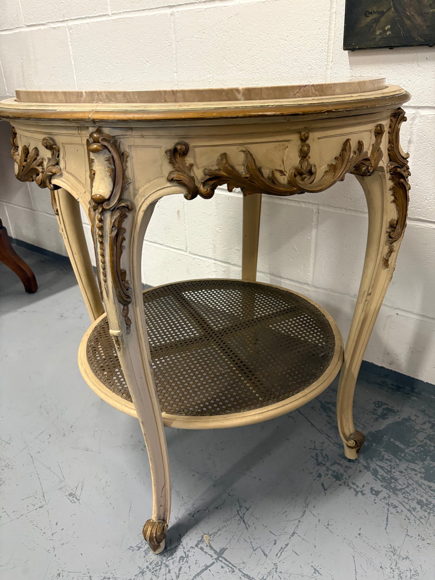 Vintage French Louis XVI round marble top table Cream Gold with Rattan undershelf