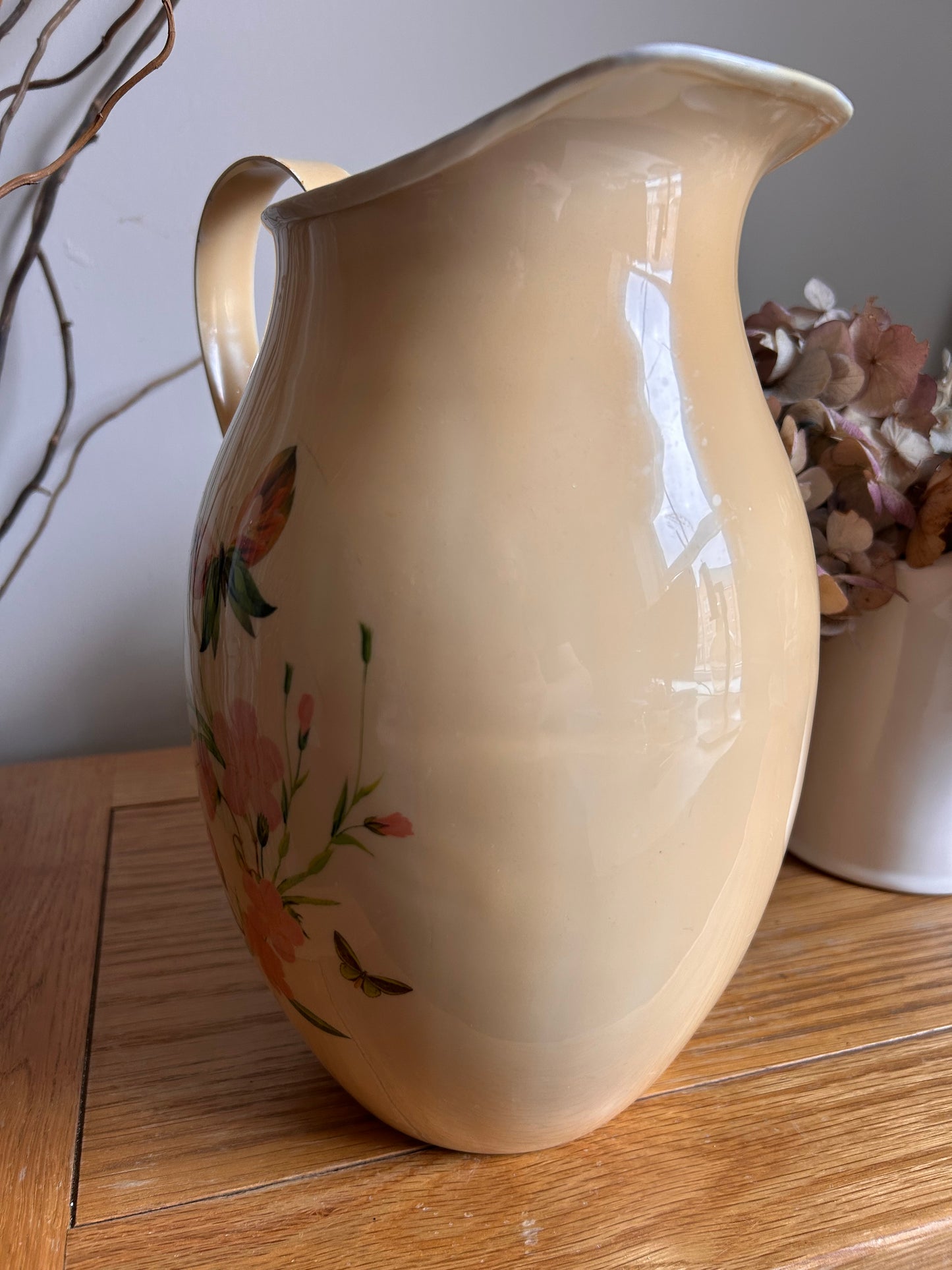 Vintage Pale Yellow Floral French Enamel Pitcher Jug