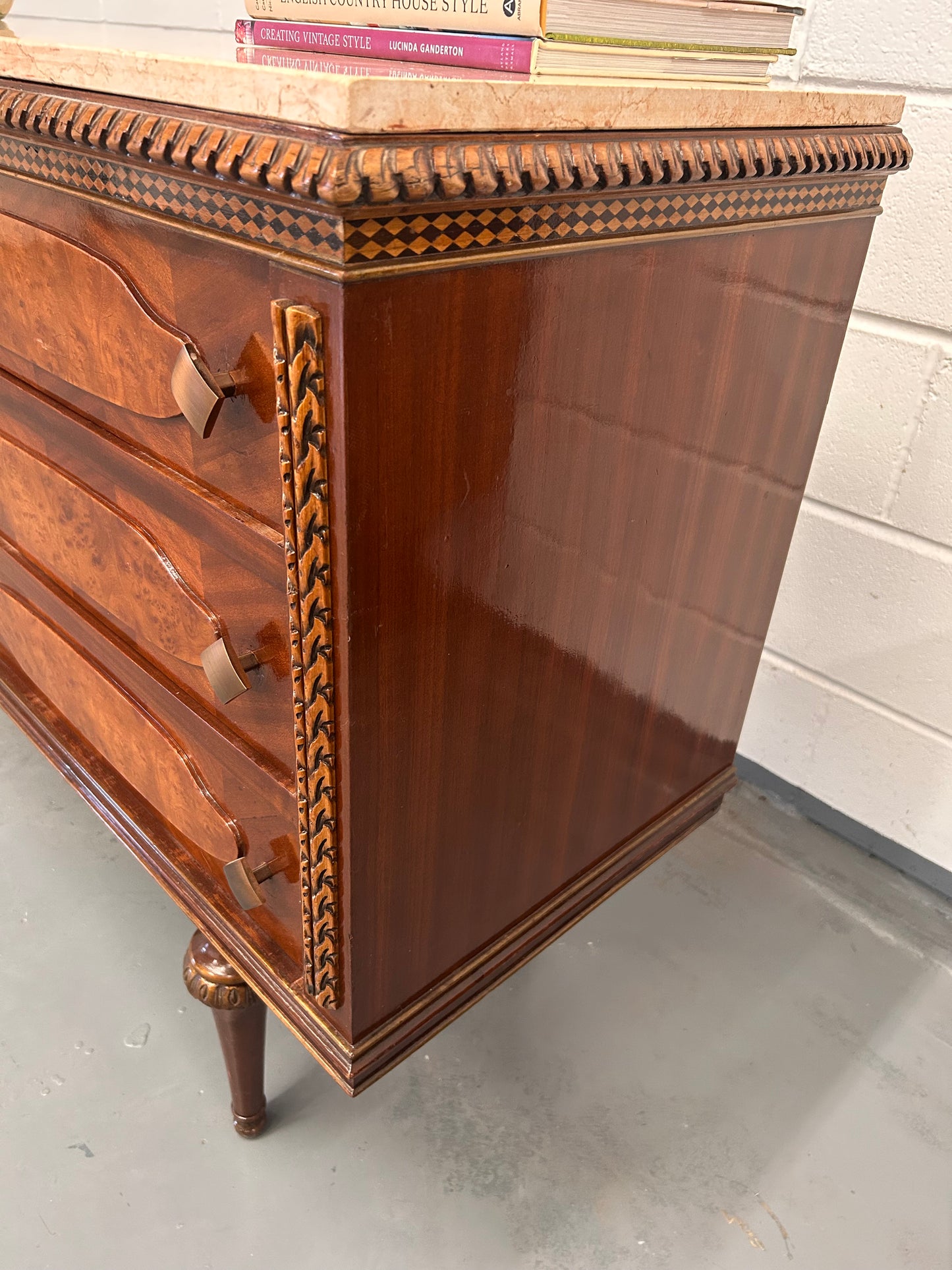 Vintage French marble topped sideboard with six drawers