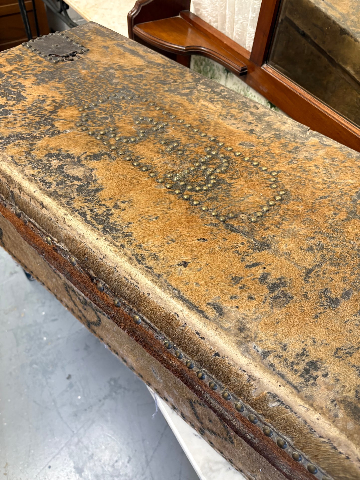 Rare Irish 19th Century Hide covered trunk Stud detail SB Initial