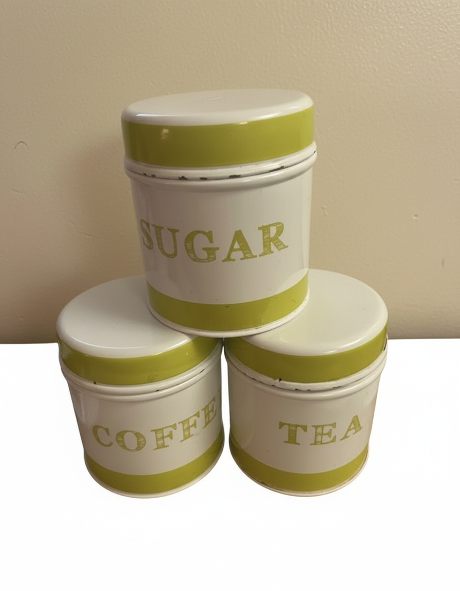 Set up three Vintage metal tins tea, coffee, sugar and pale green and white 