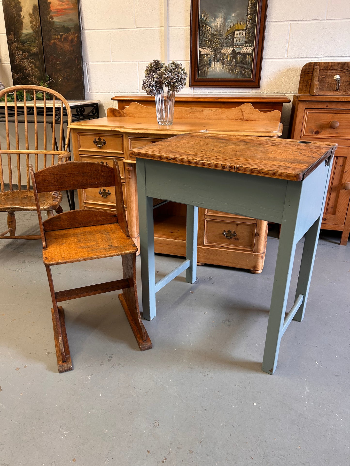 A Child’s painted blue traditional vintage school desk from 1950’s lift off lid