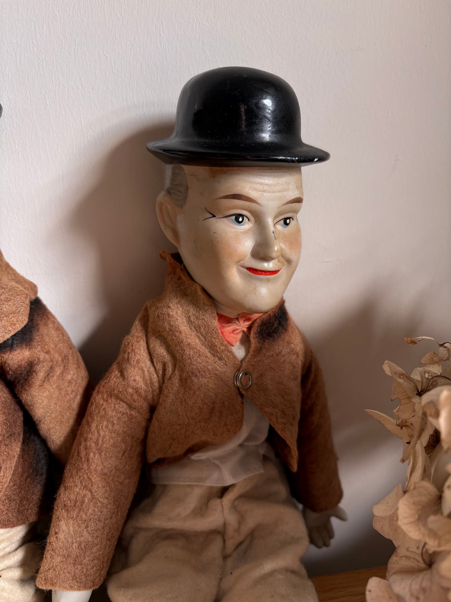 Laurel & Hardy Bisque Head Hands Feet Vintage Dolls Faded fabric