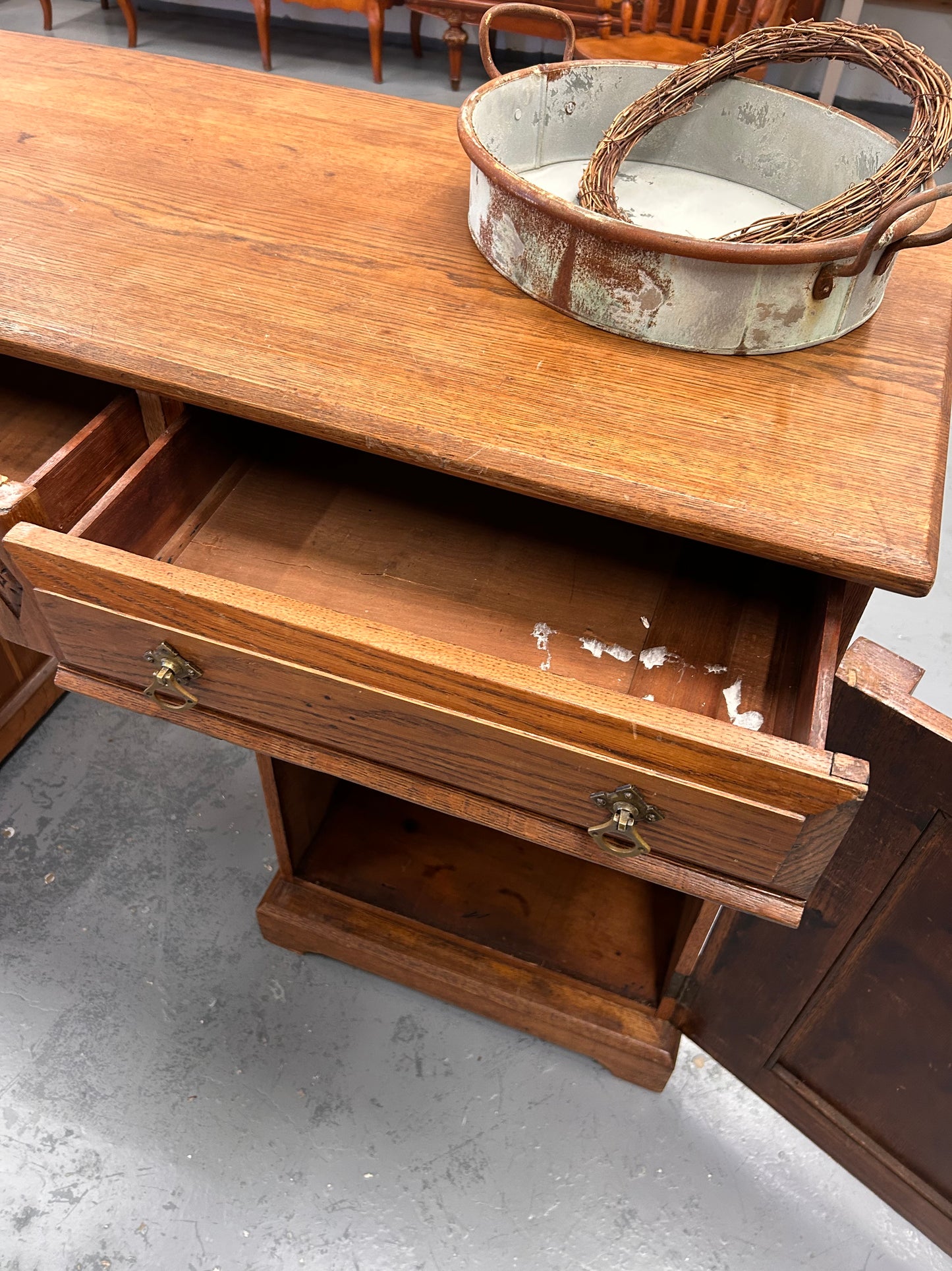 Large Victorian oak sideboard drawers cupboards carving and original handles