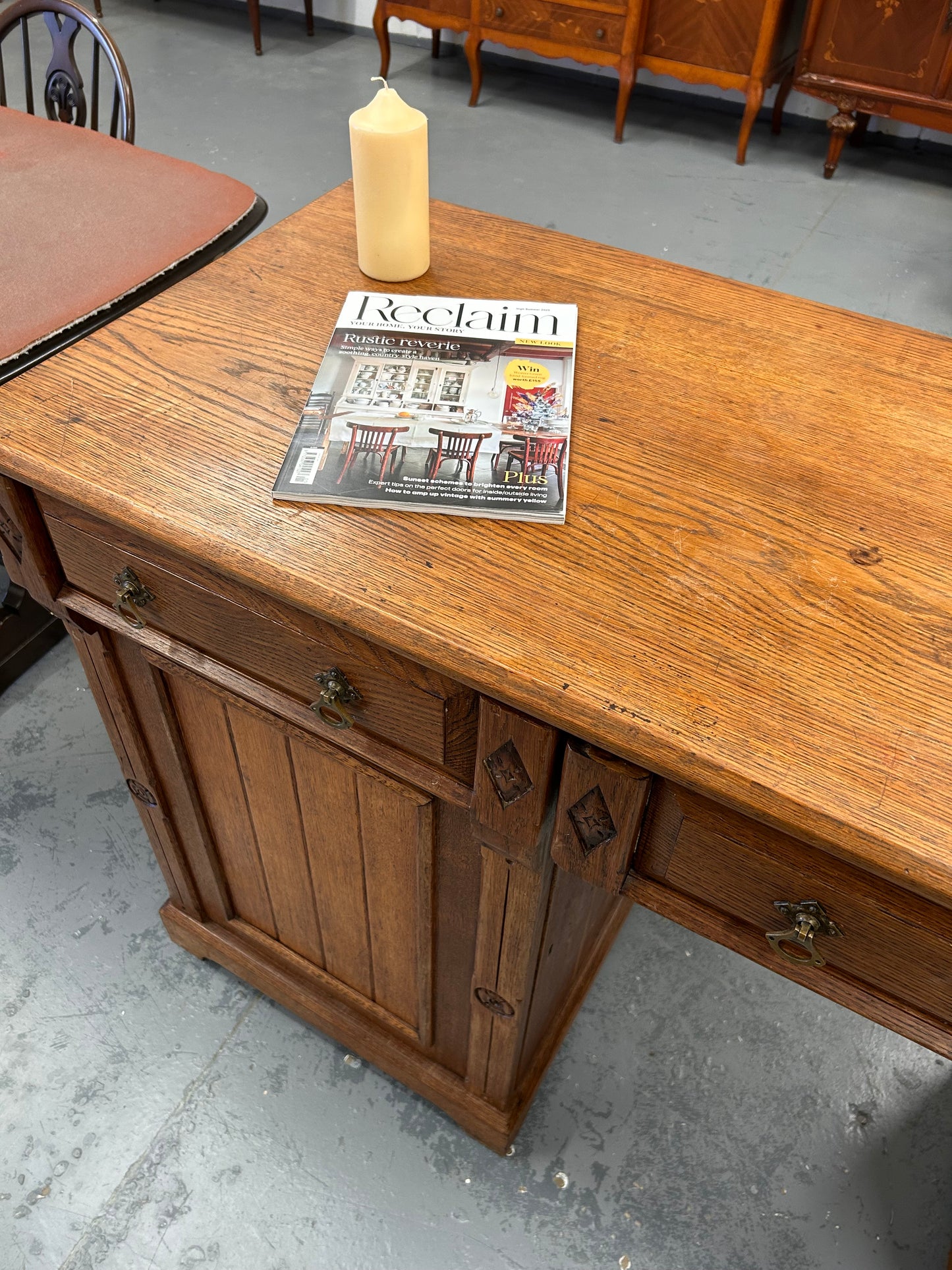 Large Victorian oak sideboard drawers cupboards carving and original handles