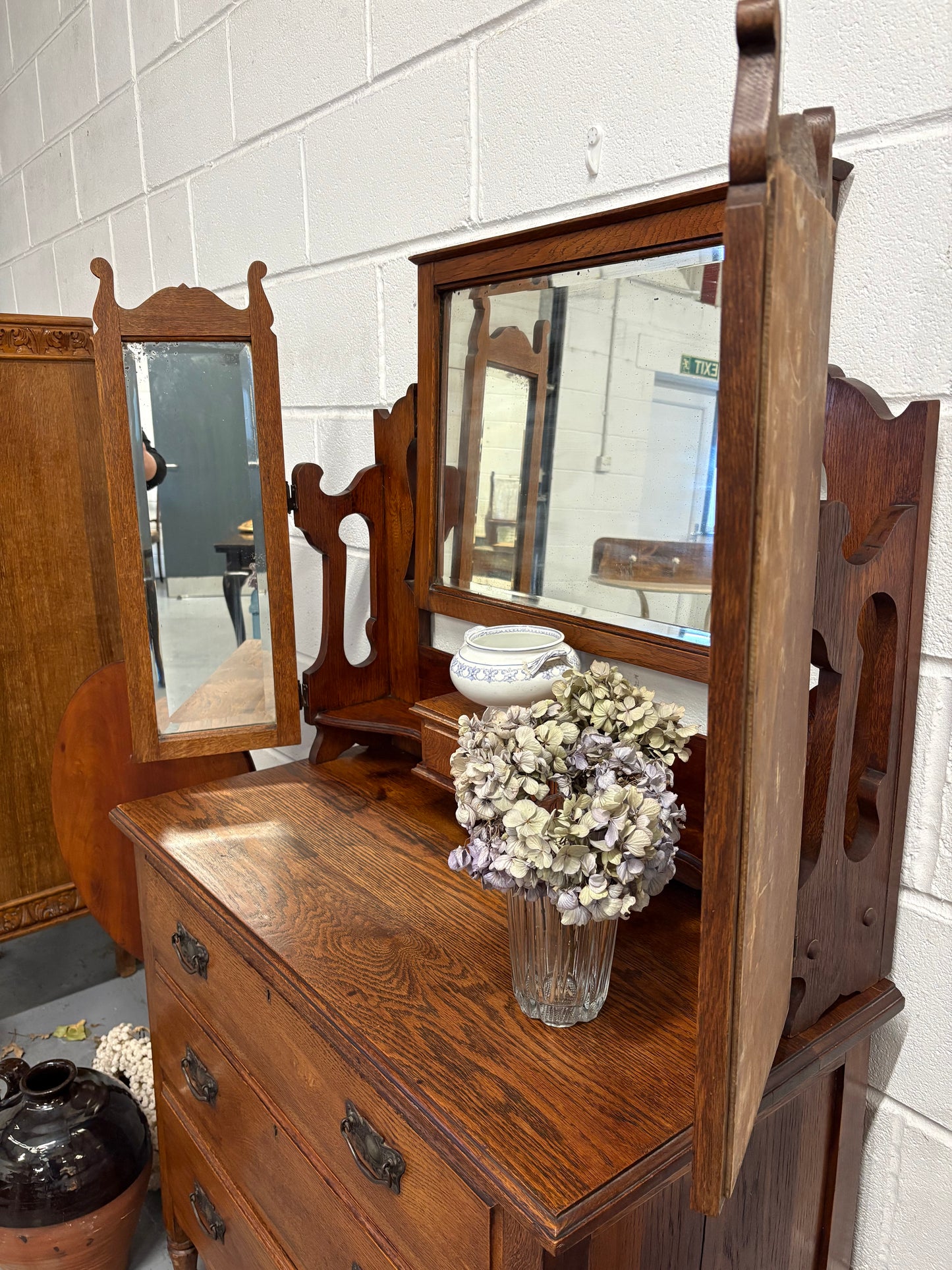 Edwardian Oak Antique Dressing Chest of Drawers with Mirrors