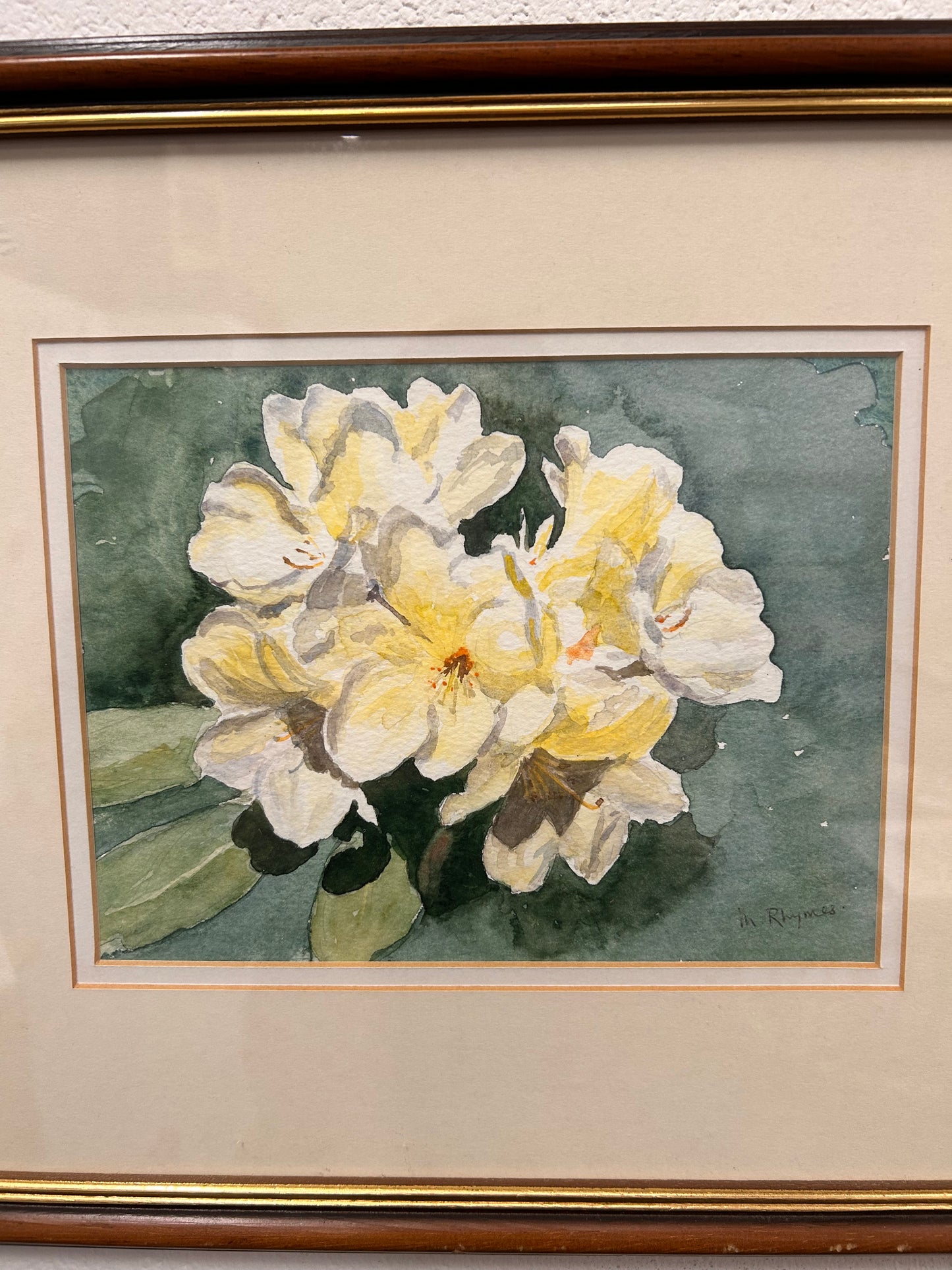 Vintage framed and signed painting by Margaret Rhymes Yellow Flowers