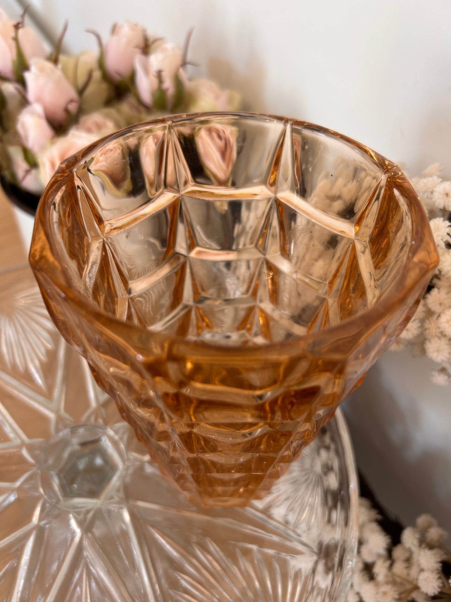 Pretty vintage Decorative pressed glass amber vase
