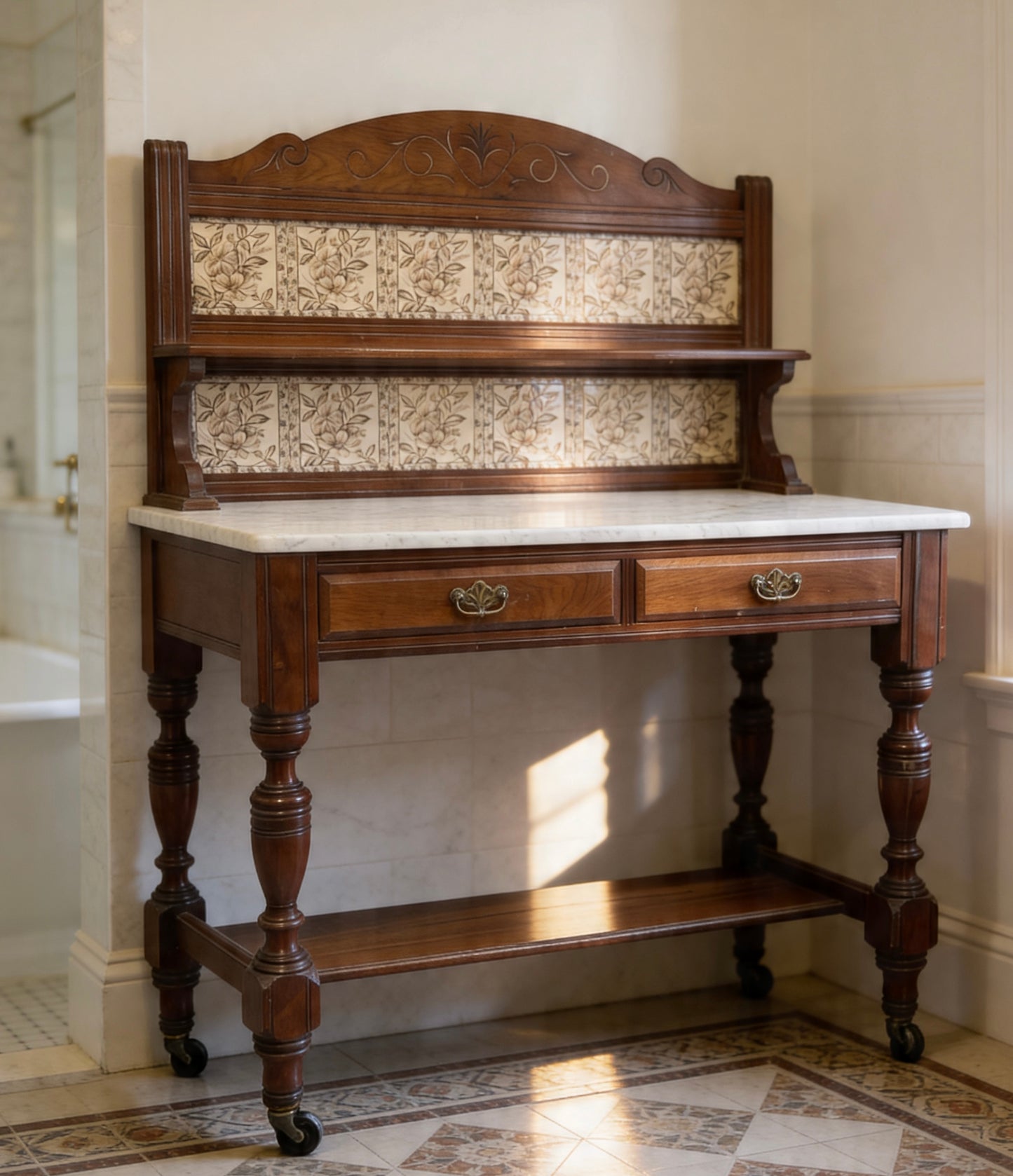 Edwardian Antique Marble top & Tiled back Washstand Side Console Table