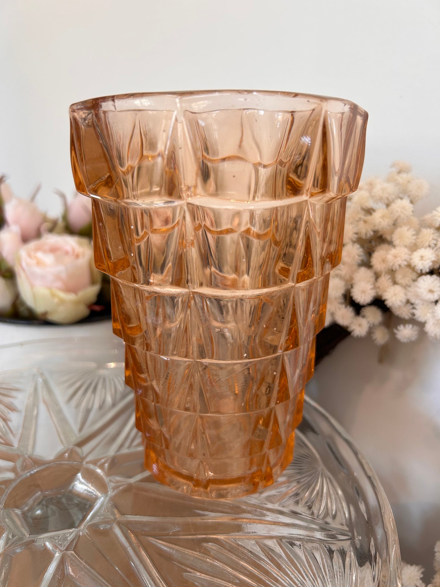 Pretty vintage Decorative pressed glass amber vase