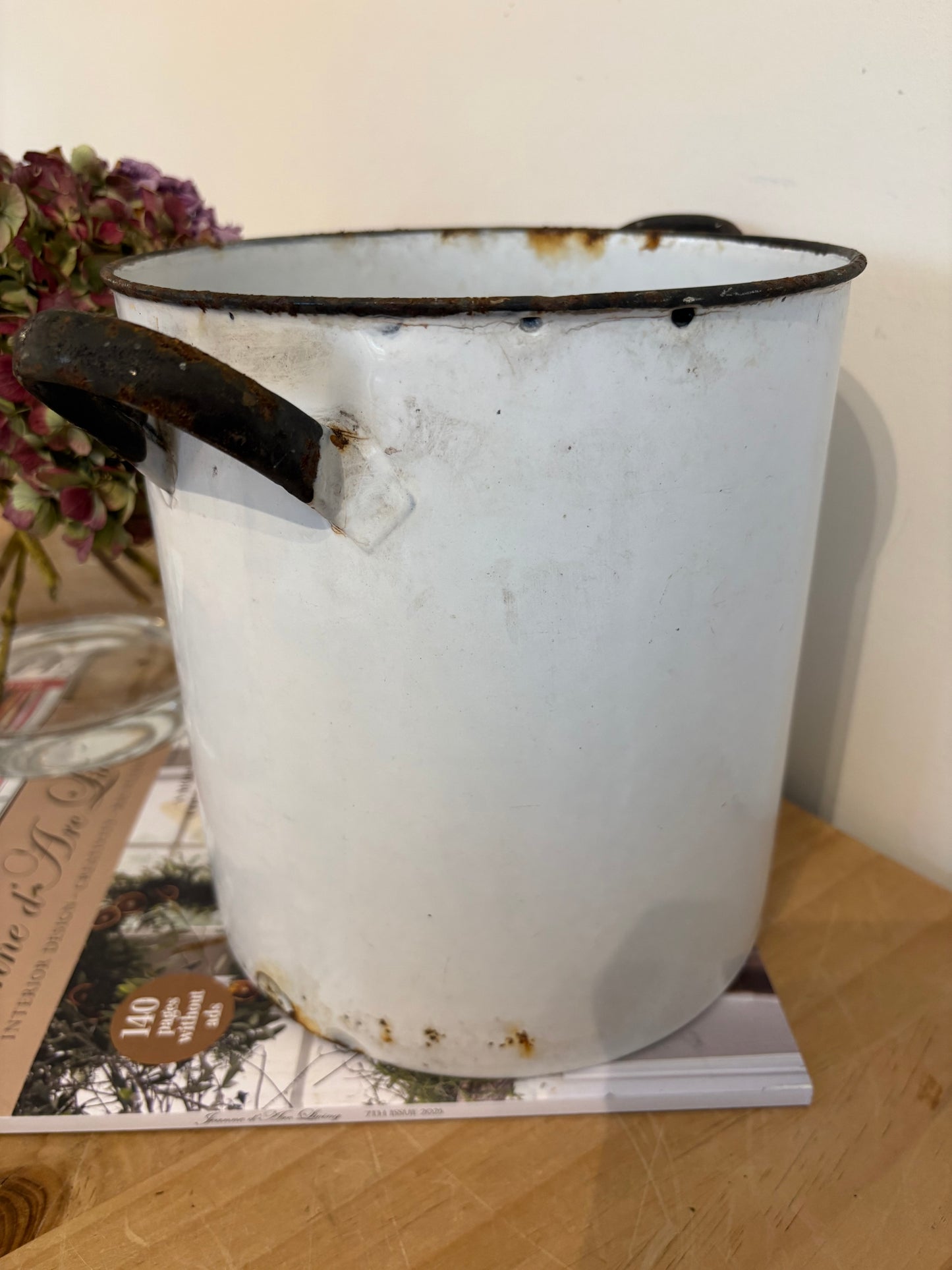 Old White Enamel Vintage Flour tin bin canister kitchen storage decor