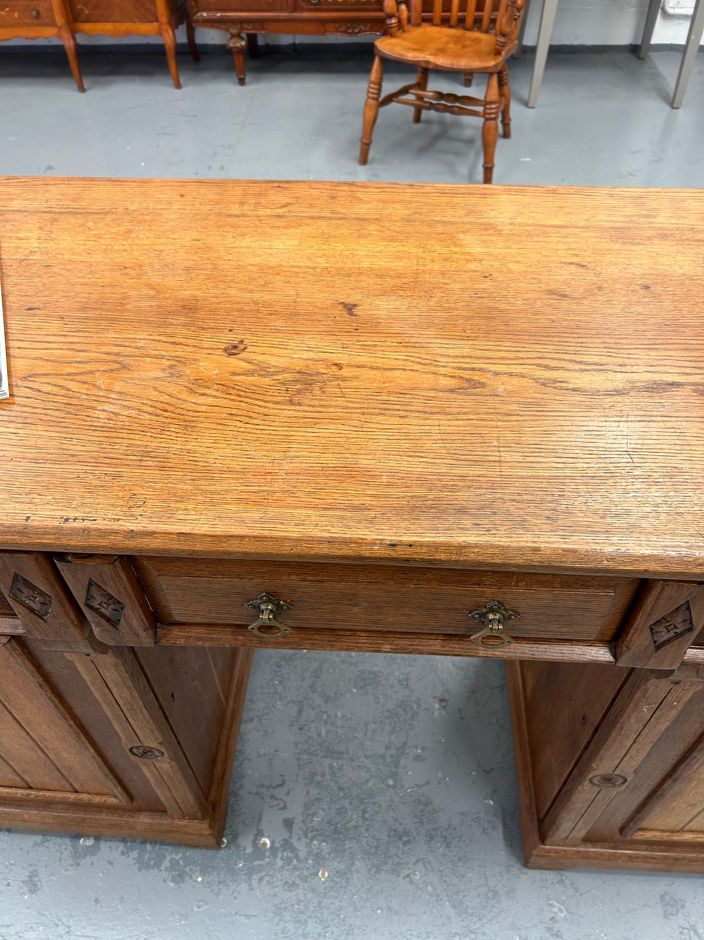 Large Victorian oak sideboard drawers cupboards carving and original handles