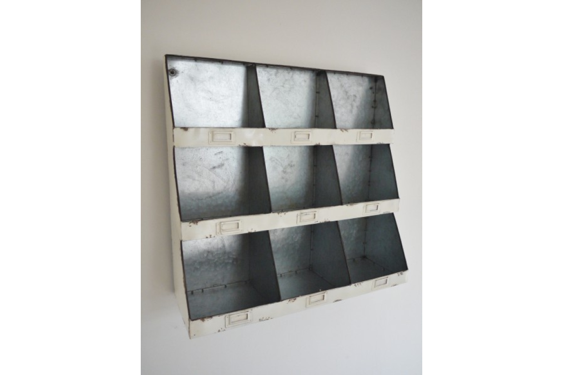Sectioned metal white painted Industrial Storage wall unit