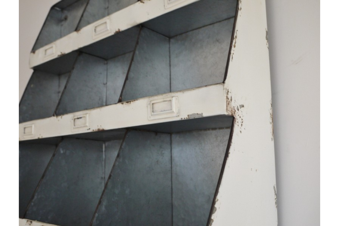 Sectioned metal white painted Industrial Storage wall unit
