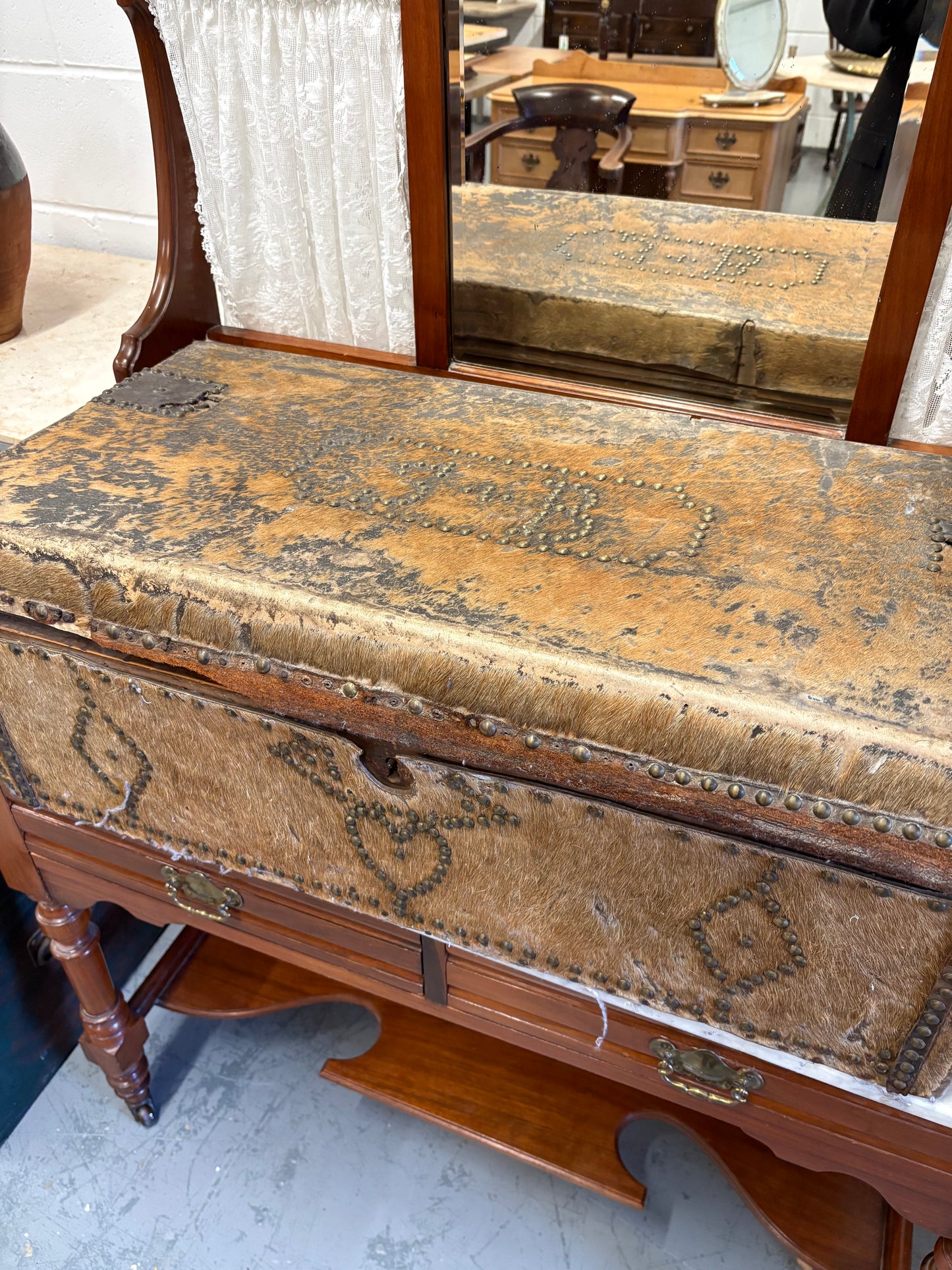 Rare Irish 19th Century Hide covered trunk Stud detail SB Initial