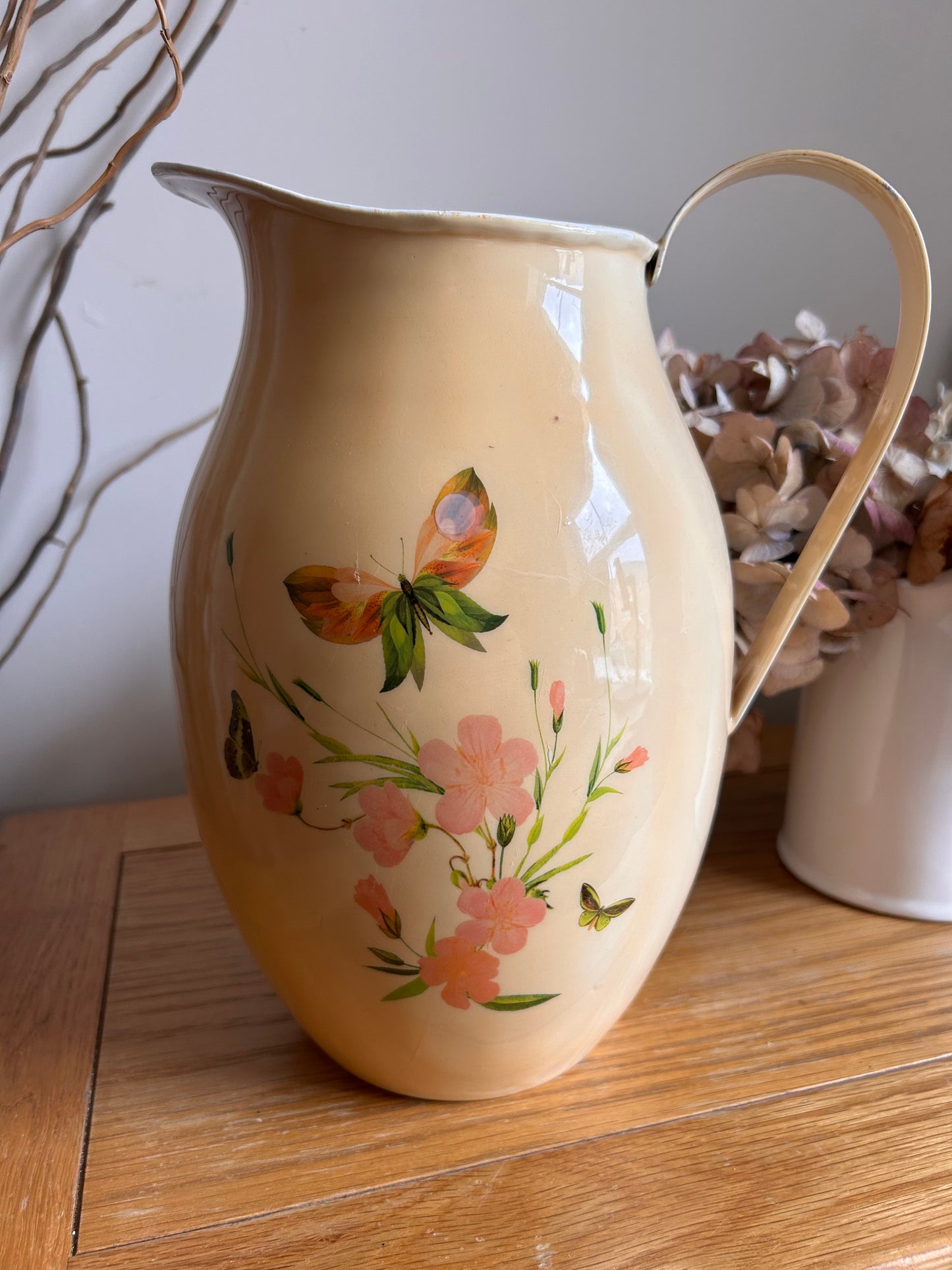 Vintage Pale Yellow Floral French Enamel Pitcher Jug