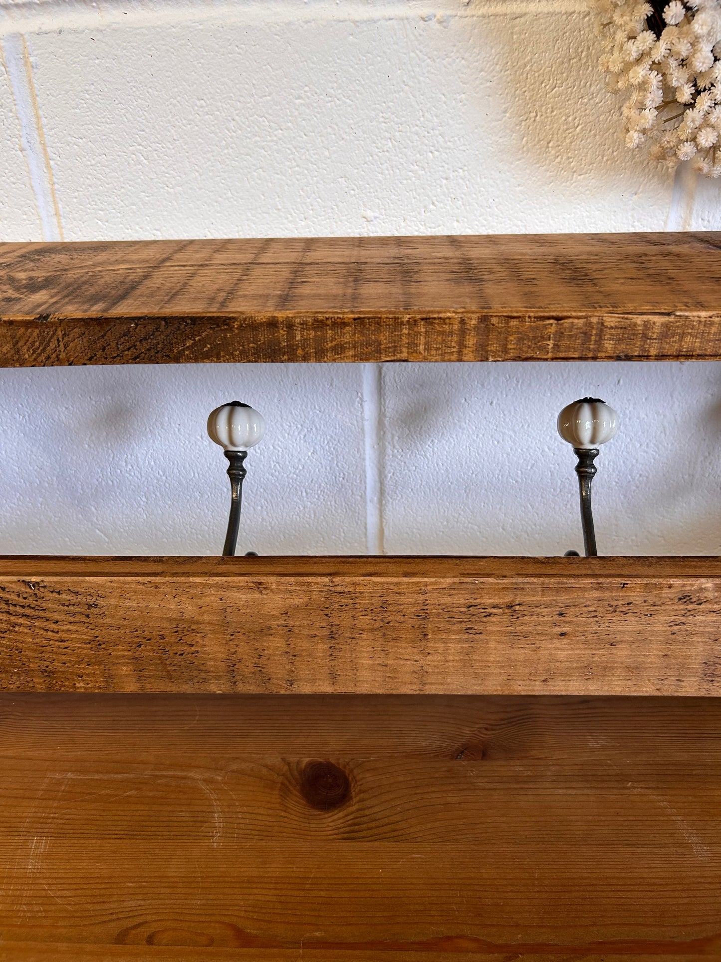 Rustic Vintage wooden wall hanging coat hooks with shelf