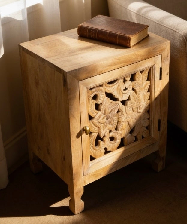 Decorative Carved Solid Wood Bedside Table cupboard storage