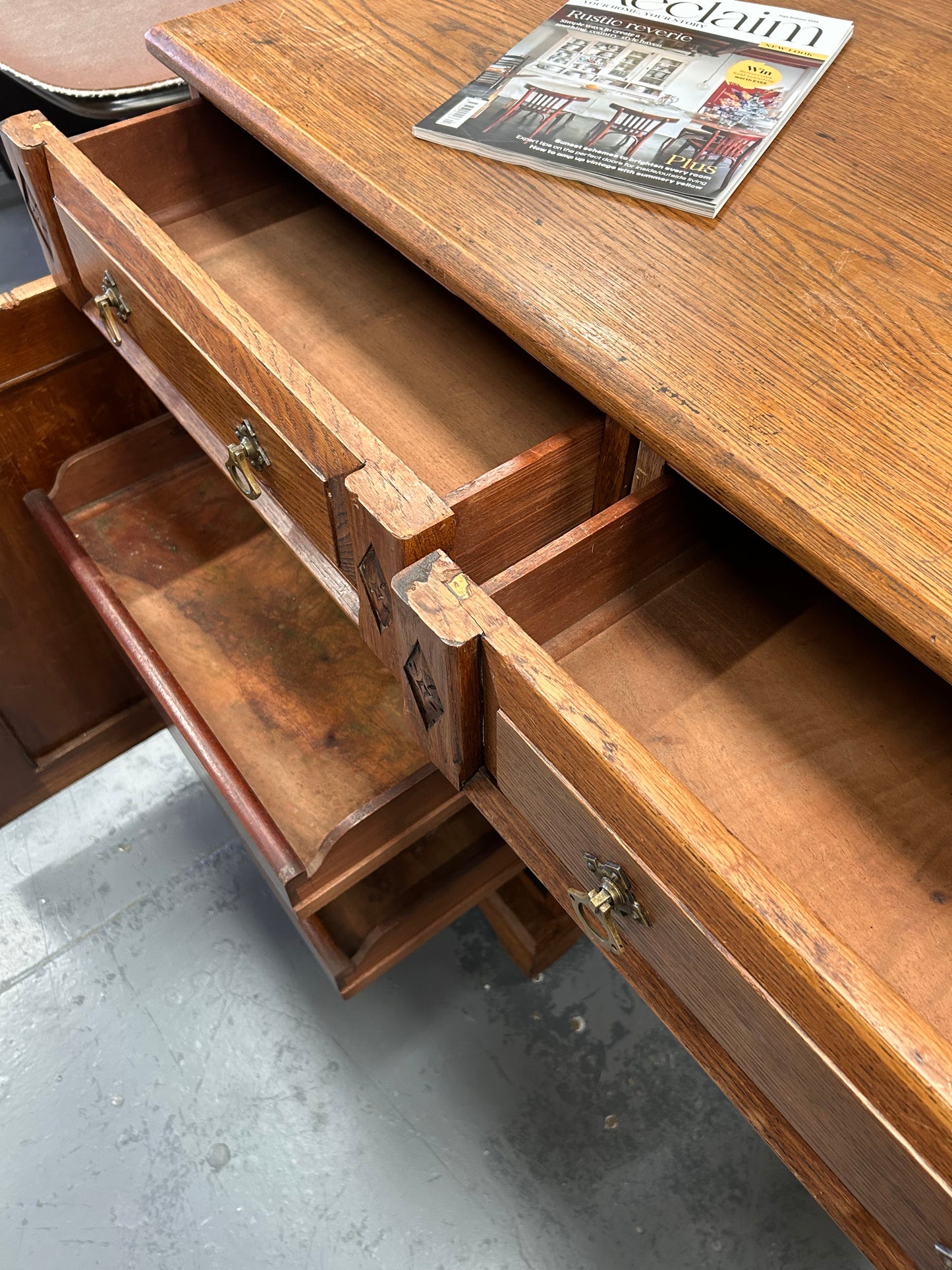 Large Victorian oak sideboard drawers cupboards carving and original handles