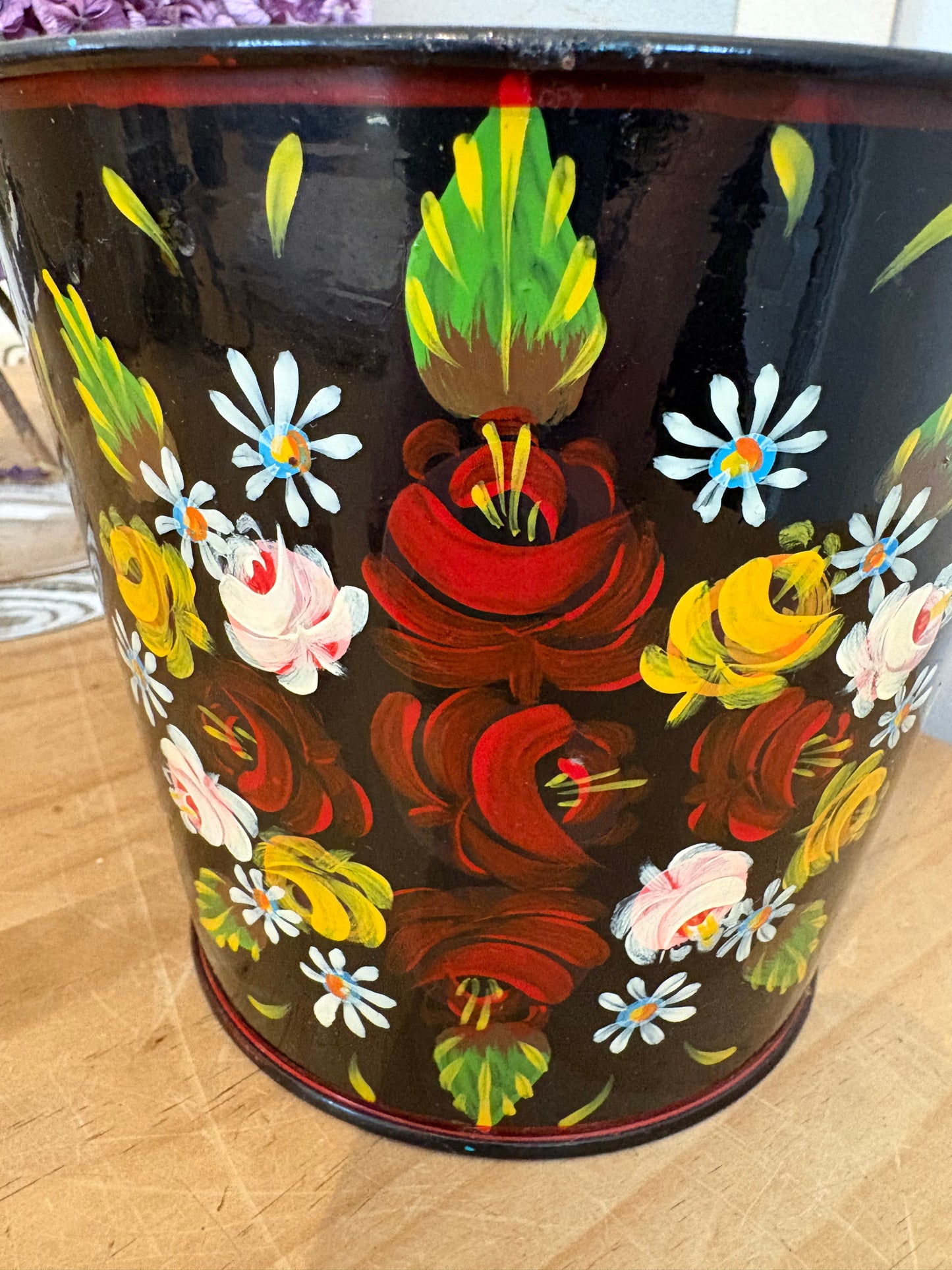 Vintage hand painted bucket design plant pot folky bargeware look