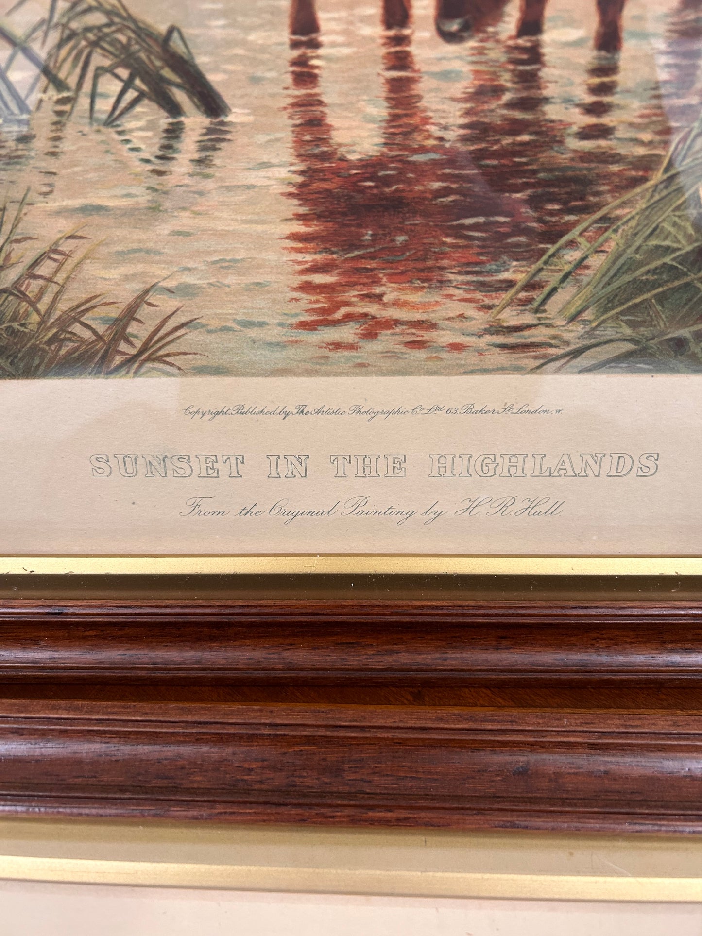 Pair of large framed vintage prints Sunrise & Sunset in the Highlands