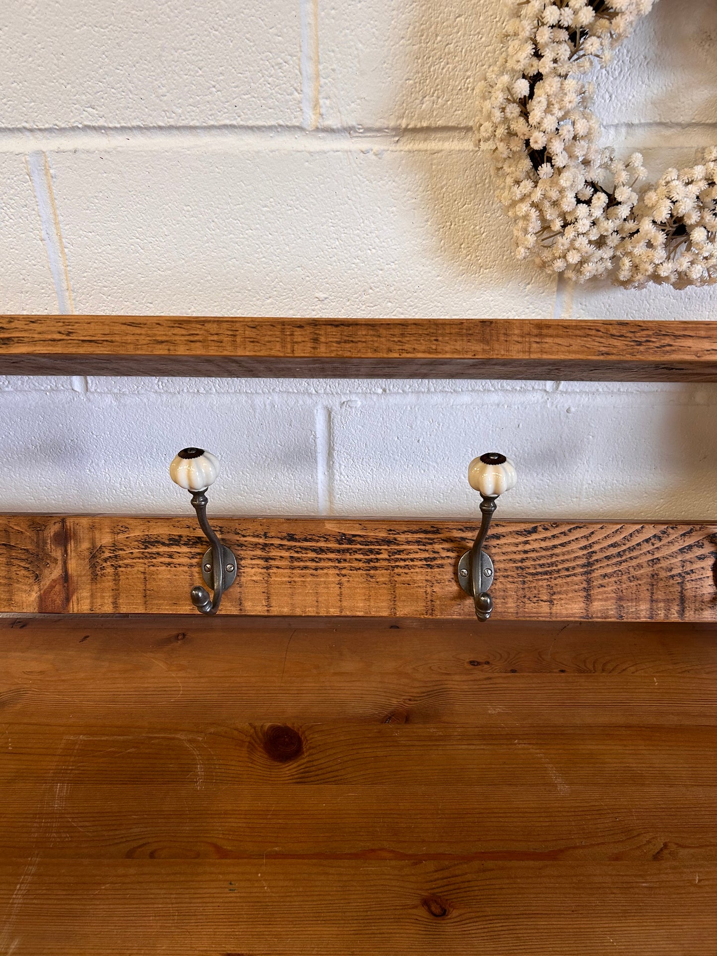 Rustic Vintage wooden wall hanging coat hooks with shelf