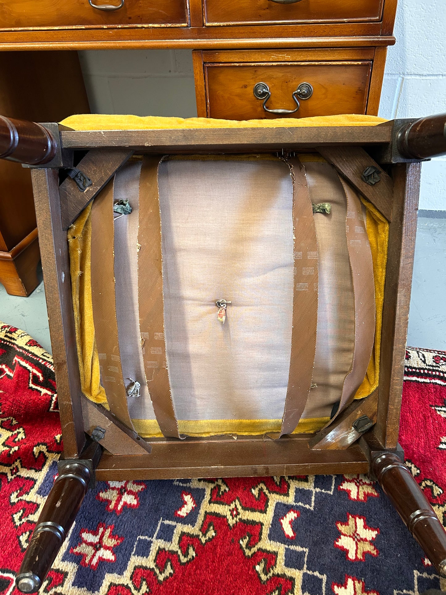 Low Yellow Velvet upholstered button footstool with gilt Yorkshire rose detail