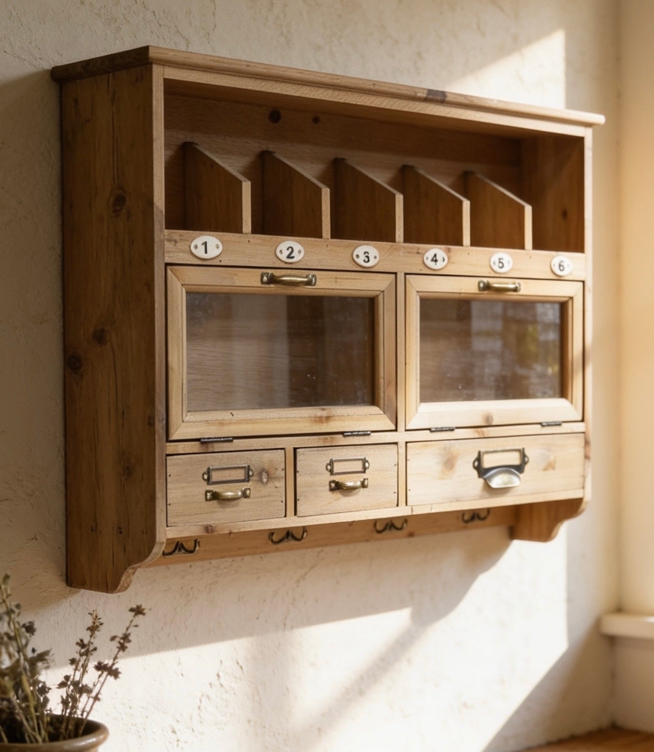 Country Farmhouse Wooden Wall Cabinet with Drawers & Hooks