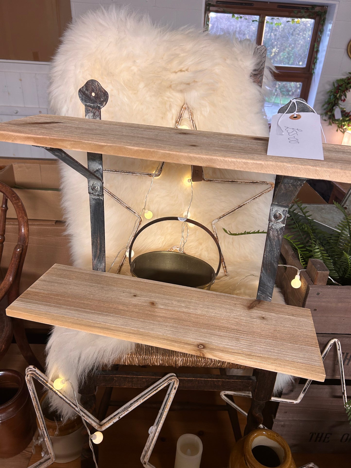 Solid wood and metal vintage style 2 shelf wall unit