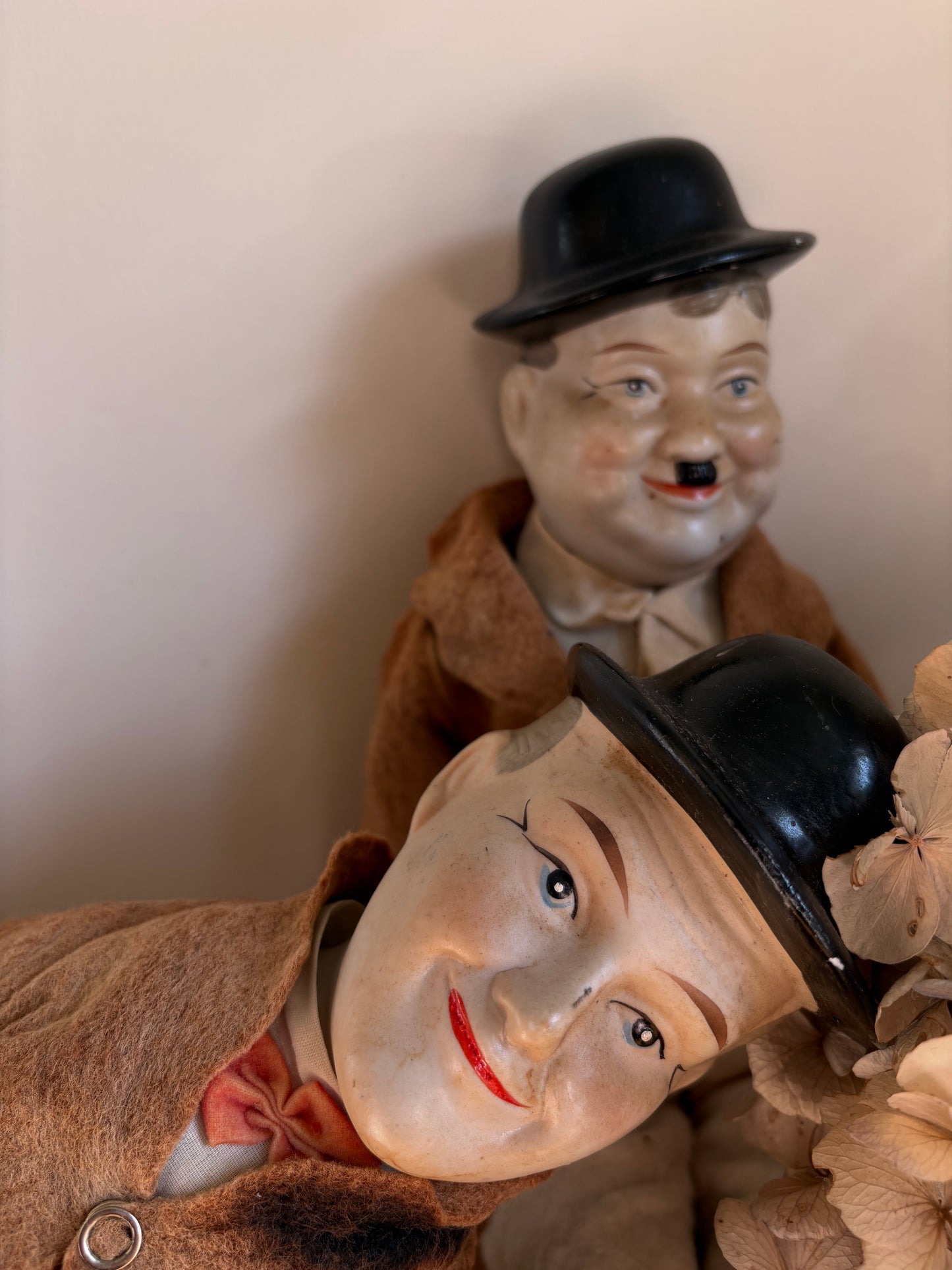 Laurel & Hardy Bisque Head Hands Feet Vintage Dolls Faded fabric