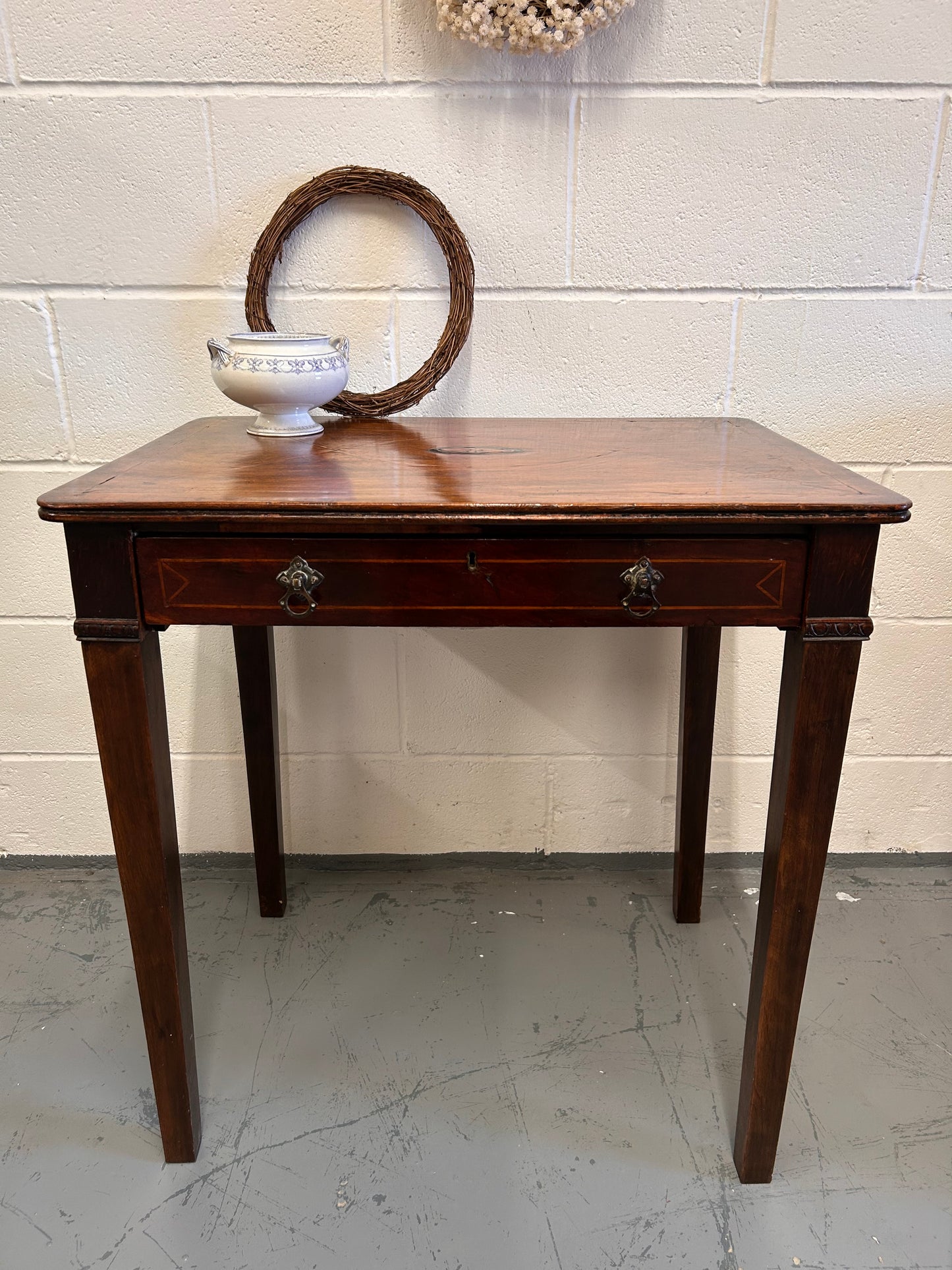 19th century inlaid mahogany country house rectangular side table with drawer.