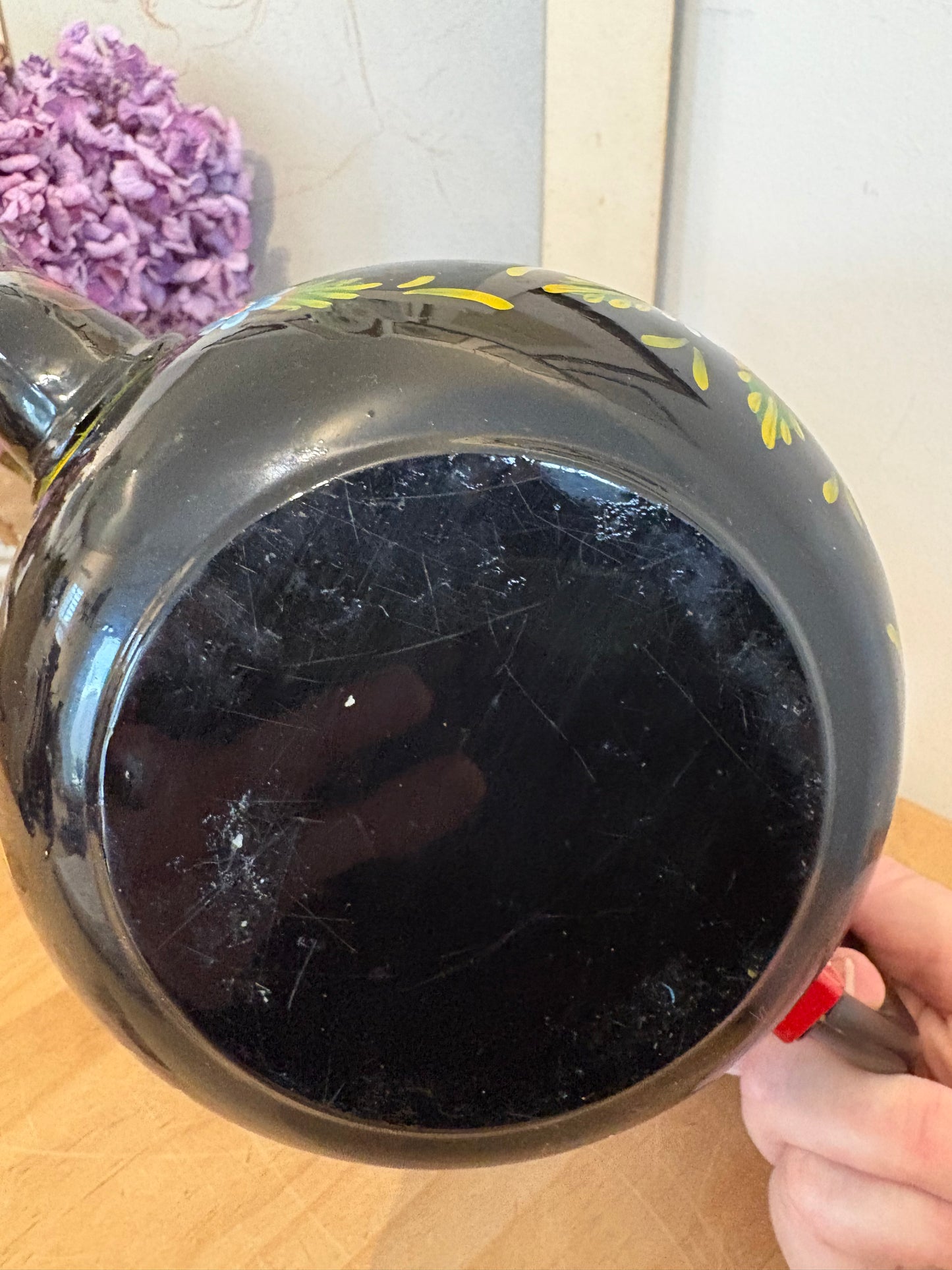 Vintage hand painted metal teapot folky colourful bargeware look