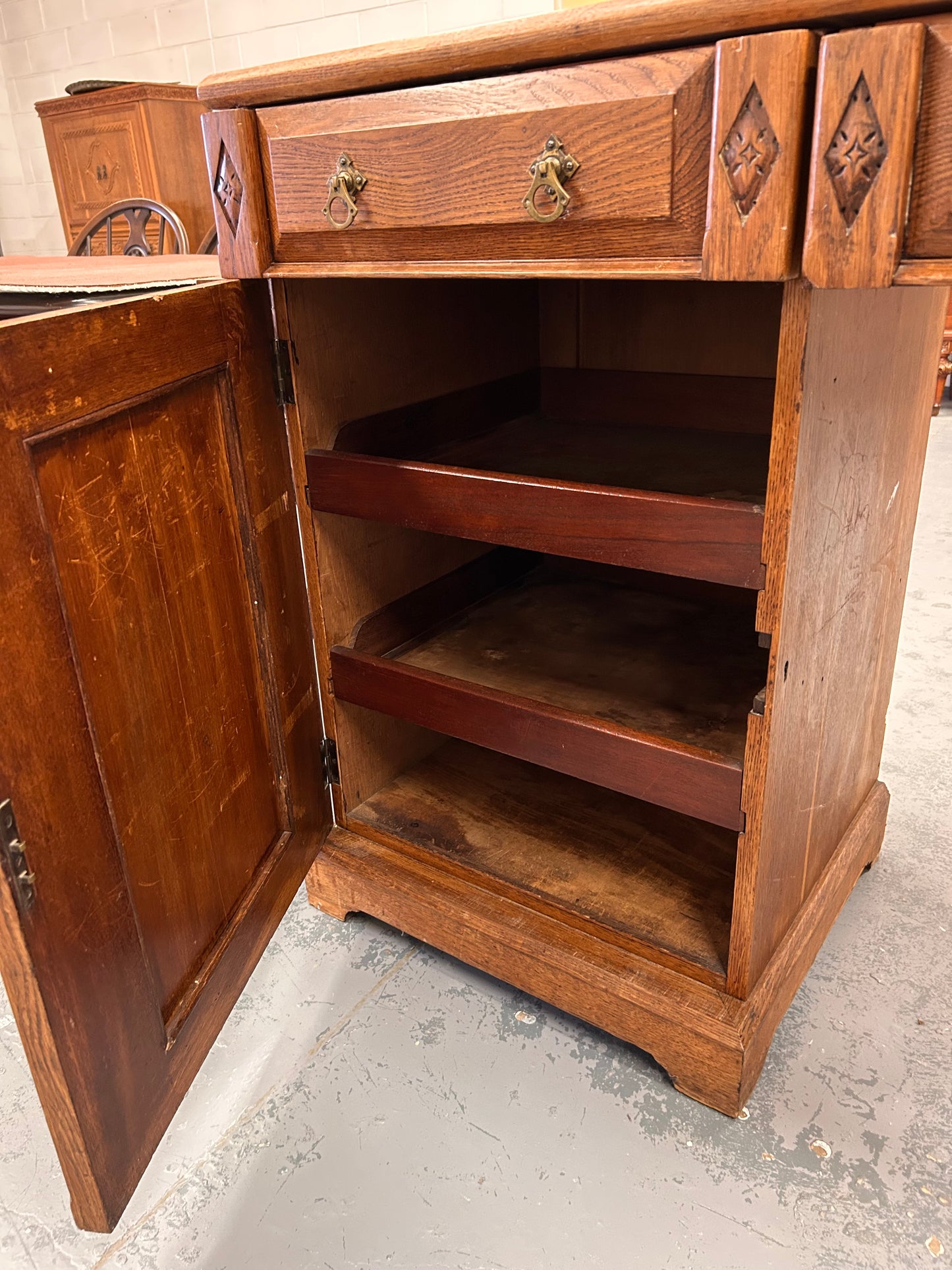 Large Victorian oak sideboard drawers cupboards carving and original handles